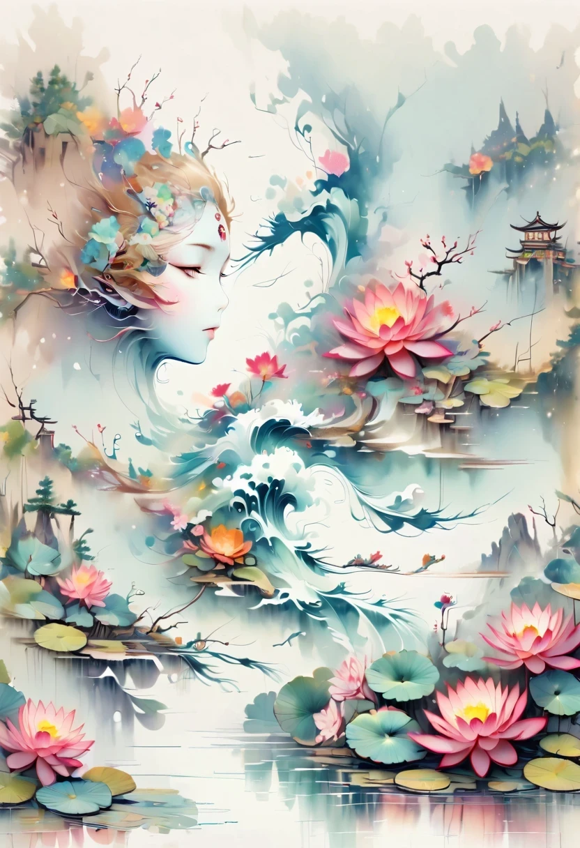 a landscape painting,Meticulous,Inspired by thousands of miles of rivers and mountains,Fuchun Mountain Residence Map,Expression techniques of cirrus clouds,flat illustration,traditional Chinese painting,Chinese landscape painting,Chinese architecture,cloud,vertical waterfall on cliff,Vibrant pine trees,fall,Takayama,wonderland,Dangerous situations,dangerous,3D facial mask,Black:1.37,Mineral pigments,Ultramarine,Track gold,Clear contours,sketch,Dry Lafa