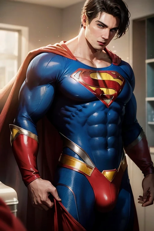 Superman posing in a kitchen with his cape up, superhero body, Superman pose, Superman costume, Superman, The best realistic photography, Awesome and cool movie, justin hartley as Superman, muscular male hero, Very realistic, A very detailed RTM pathogen., DC Comics style, Very detailed, dwayne johnson as Superman, Wojtek Fuss, The best realistic photography, ภาพถ่ายVery realistic