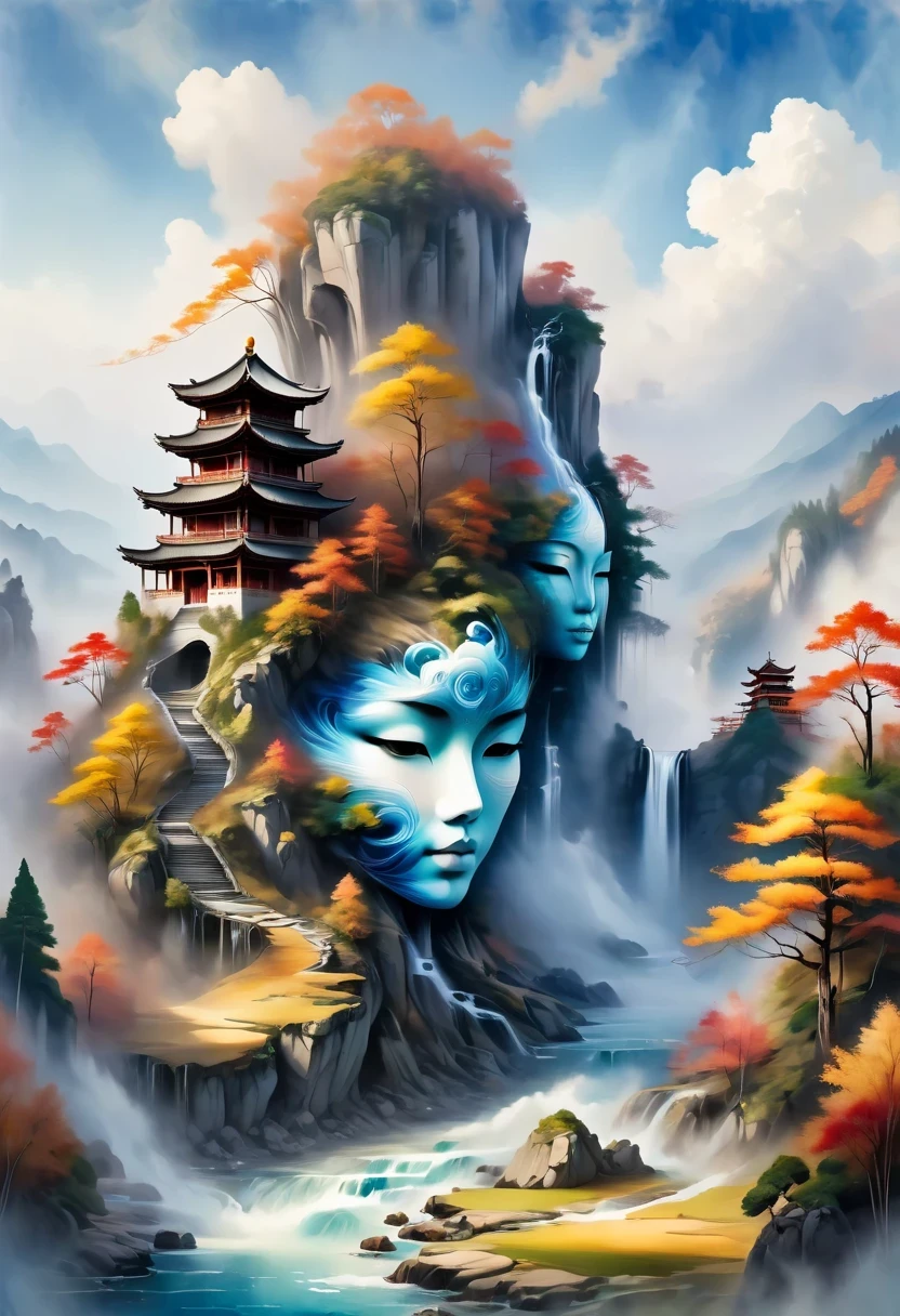 a landscape painting,Meticulous,Inspired by thousands of miles of rivers and mountains,Fuchun Mountain Residence Map,Expression techniques of cirrus clouds,flat illustration,traditional Chinese painting,Chinese landscape painting,Chinese architecture,cloud,vertical waterfall on cliff,Vibrant pine trees,fall,Takayama,wonderland,Dangerous situations,dangerous,3D facial mask,Black:1.37,Mineral pigments,Ultramarine,Track gold,Clear contours,sketch,Dry Lafa