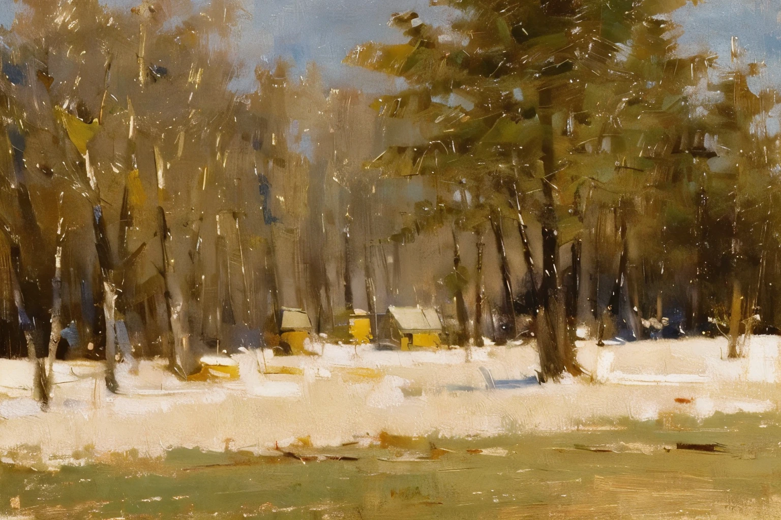 a painting of trees on a snow landscape, a still life by Jean-Baptiste-Siméon Chardin, cgsociety, australian tonalism, oil on canvas, painterly, soft light, neutral colors