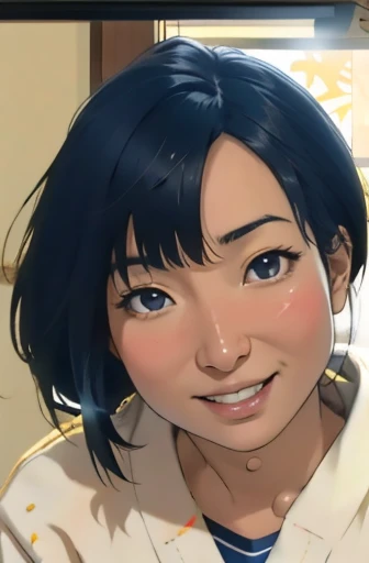 Risa, black haired japanese girl, short black hair, sitting nude on bed, (nude) , cute, beautiful, realistic style, highly detailed, 4k, look at camera, face close-up, laughing, ((golden ratio, center frame)), (((RISA))), face in center of picture, looking to side (nude)