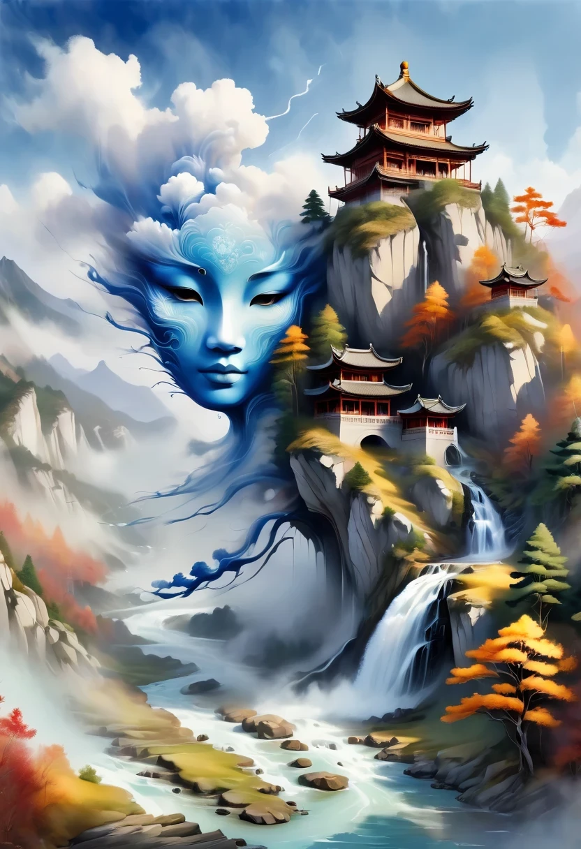 a landscape painting,Meticulous,Inspired by thousands of miles of rivers and mountains,Fuchun Mountain Residence Map,Expression techniques of cirrus clouds,flat illustration,traditional Chinese painting,Chinese landscape painting,Chinese architecture,cloud,vertical waterfall on cliff,Vibrant pine trees,fall,Takayama,wonderland,Dangerous situations,dangerous,3D facial mask,Black:1.37,Mineral pigments,Ultramarine,Track gold,Clear contours,sketch,Dry Lafa