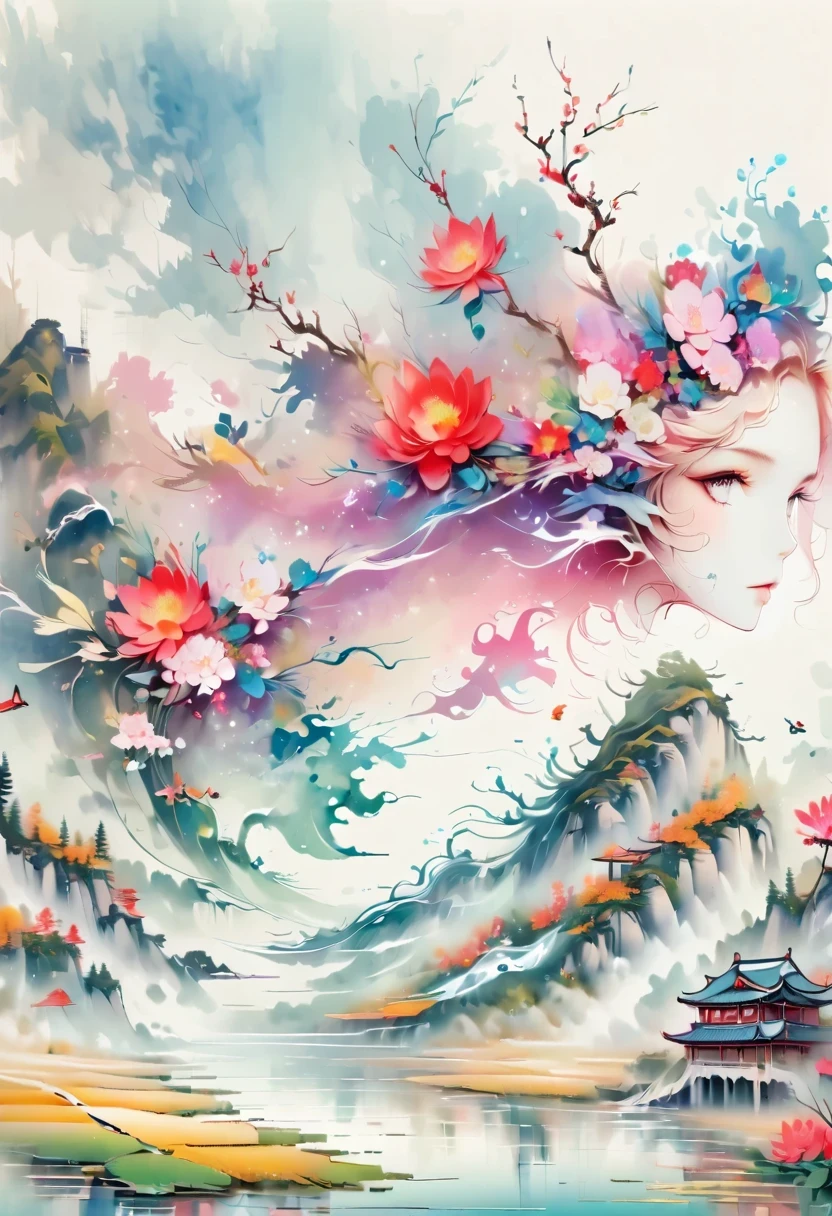 a landscape painting,Meticulous,Inspired by thousands of miles of rivers and mountains,Fuchun Mountain Residence Map,Expression techniques of cirrus clouds,flat illustration,traditional Chinese painting,Chinese landscape painting,Chinese architecture,cloud,vertical waterfall on cliff,Vibrant pine trees,fall,Takayama,wonderland,Dangerous situations,dangerous,3D facial mask,Black:1.37,Mineral pigments,Ultramarine,Track gold,Clear contours,sketch,Dry Lafa