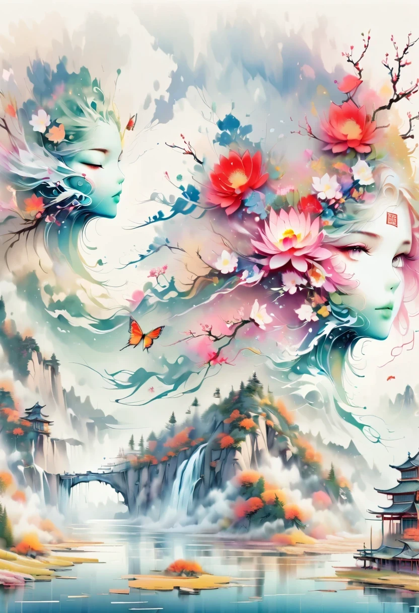 a landscape painting,Meticulous,Inspired by thousands of miles of rivers and mountains,Fuchun Mountain Residence Map,Expression techniques of cirrus clouds,flat illustration,traditional Chinese painting,Chinese landscape painting,Chinese architecture,cloud,vertical waterfall on cliff,Vibrant pine trees,fall,Takayama,wonderland,Dangerous situations,dangerous,3D facial mask,Black:1.37,Mineral pigments,Ultramarine,Track gold,Clear contours,sketch,Dry Lafa