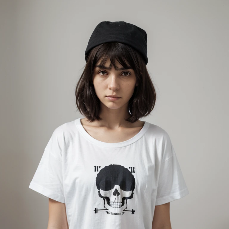 (Monocrhome), Mid Shot, ((Sad)), dark, (oversize clothes) (thoughtful poses) in love, chiaroscuro, black and white, 90s girl, simple background, minimalistic, beautifull, ((photoshot)), baggy clothes, wearing bucket hat, black oversize shirt, girl with pixie cut hairstyle, woman, dark background highlighting the figure. Natural lighting, stunning realism, minimalistic, simple background, thoughtful expression, (skull graphic in t-shirt), er, nadia.