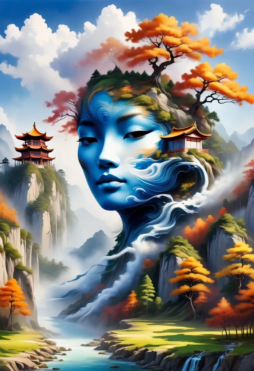 a landscape painting,Meticulous,Inspired by thousands of miles of rivers and mountains,Fuchun Mountain Residence Map,Expression techniques of cirrus clouds,flat illustration,traditional Chinese painting,Chinese landscape painting,Chinese architecture,cloud,vertical waterfall on cliff,Vibrant pine trees,fall,Takayama,wonderland,Dangerous situations,dangerous,3D facial mask,Black:1.37,Mineral pigments,Ultramarine,Track gold,Clear contours,sketch,Dry Lafa