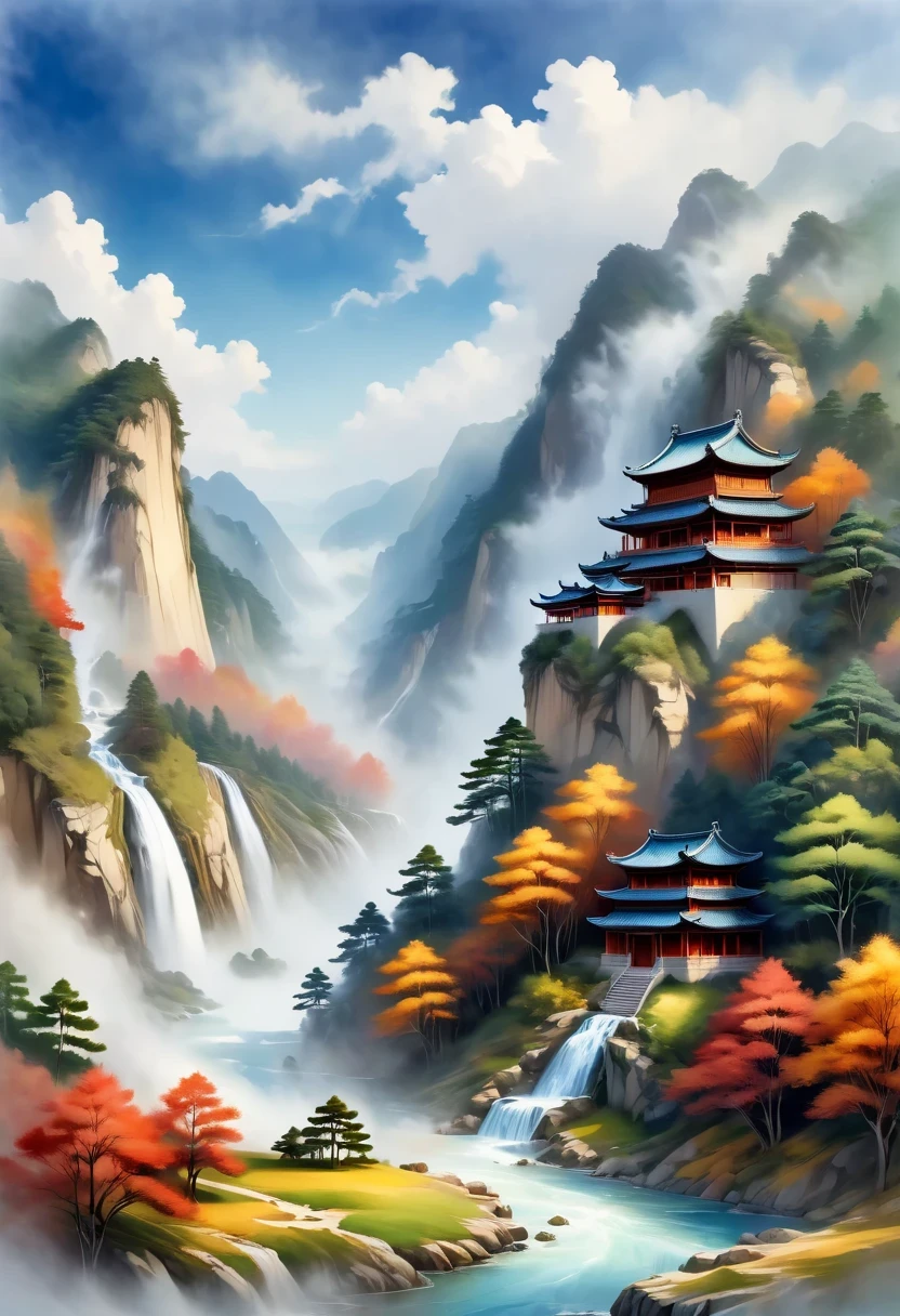 a landscape painting,Meticulous,Inspired by thousands of miles of rivers and mountains,Fuchun Mountain Residence Map,Expression techniques of cirrus clouds,flat illustration,traditional Chinese painting,Chinese landscape painting,Chinese architecture,cloud,vertical waterfall on cliff,Vibrant pine trees,fall,Takayama,wonderland,Dangerous situations,dangerous,3D facial mask,Black:1.37,Mineral pigments,Ultramarine,Track gold,Clear contours,sketch,Dry Lafa