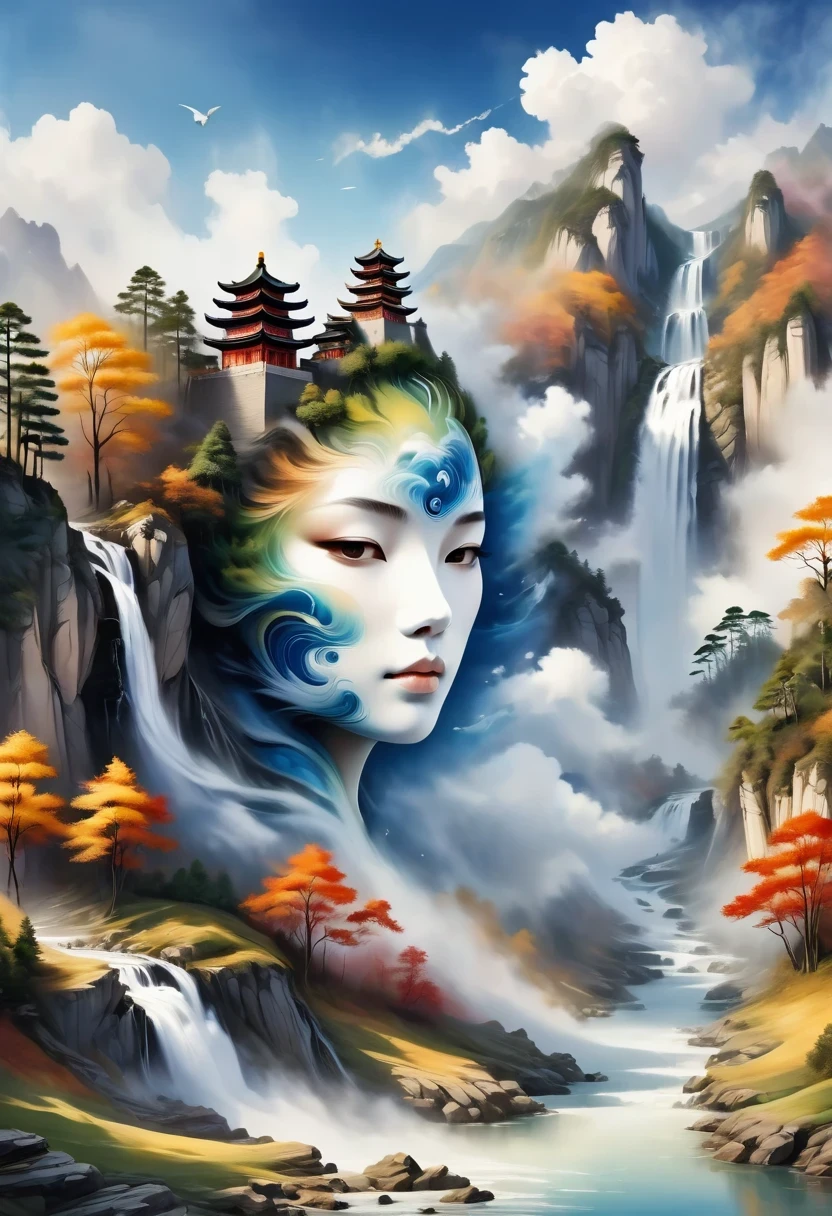 a landscape painting，Meticulous，Inspired by thousands of miles of rivers and mountains，Fuchun Mountain Residence Map，Expression techniques of cirrus clouds，flat illustration，traditional Chinese painting，Chinese landscape painting，Chinese architecture，cloud，vertical waterfall on cliff，Vibrant pine trees，fall，Takayama，wonderland，Dangerous situations，dangerous，3D facial mask，Black：1.37，Mineral pigments，Ultramarine，Track gold，Clear contours，sketch，Dry Lafa