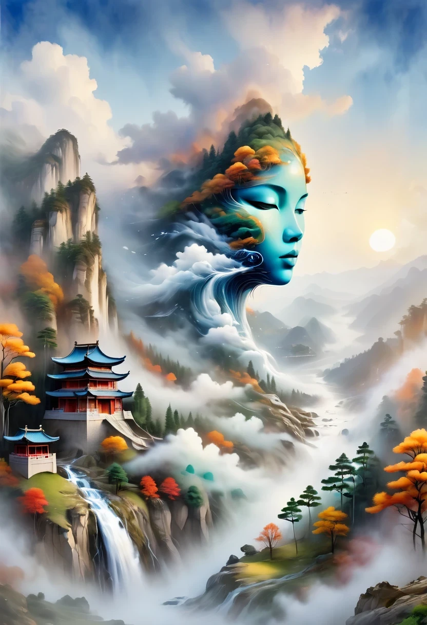 a landscape painting，Meticulous，Inspired by thousands of miles of rivers and mountains，Fuchun Mountain Residence Map，Expression techniques of cirrus clouds，flat illustration，traditional Chinese painting，Chinese landscape painting，Chinese architecture，cloud，vertical waterfall on cliff，Vibrant pine trees，fall，Takayama，wonderland，Dangerous situations，dangerous，3D facial mask，Black：1.37，Mineral pigments，Ultramarine，Track gold，Clear contours，sketch，Dry Lafa