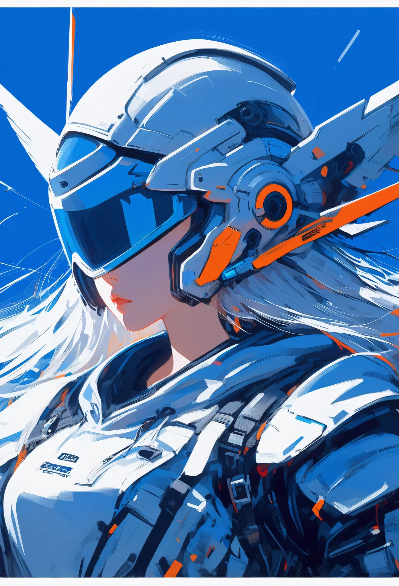 ((celluloid)),Mecha musume,a woman in a futuristic outfit is floating in the air with a sword in her hand with a sky and clouds and blue background with white clouds and blue and orange lines and white,with a,Joseph Stella,Mecha,portrait,rayonism,