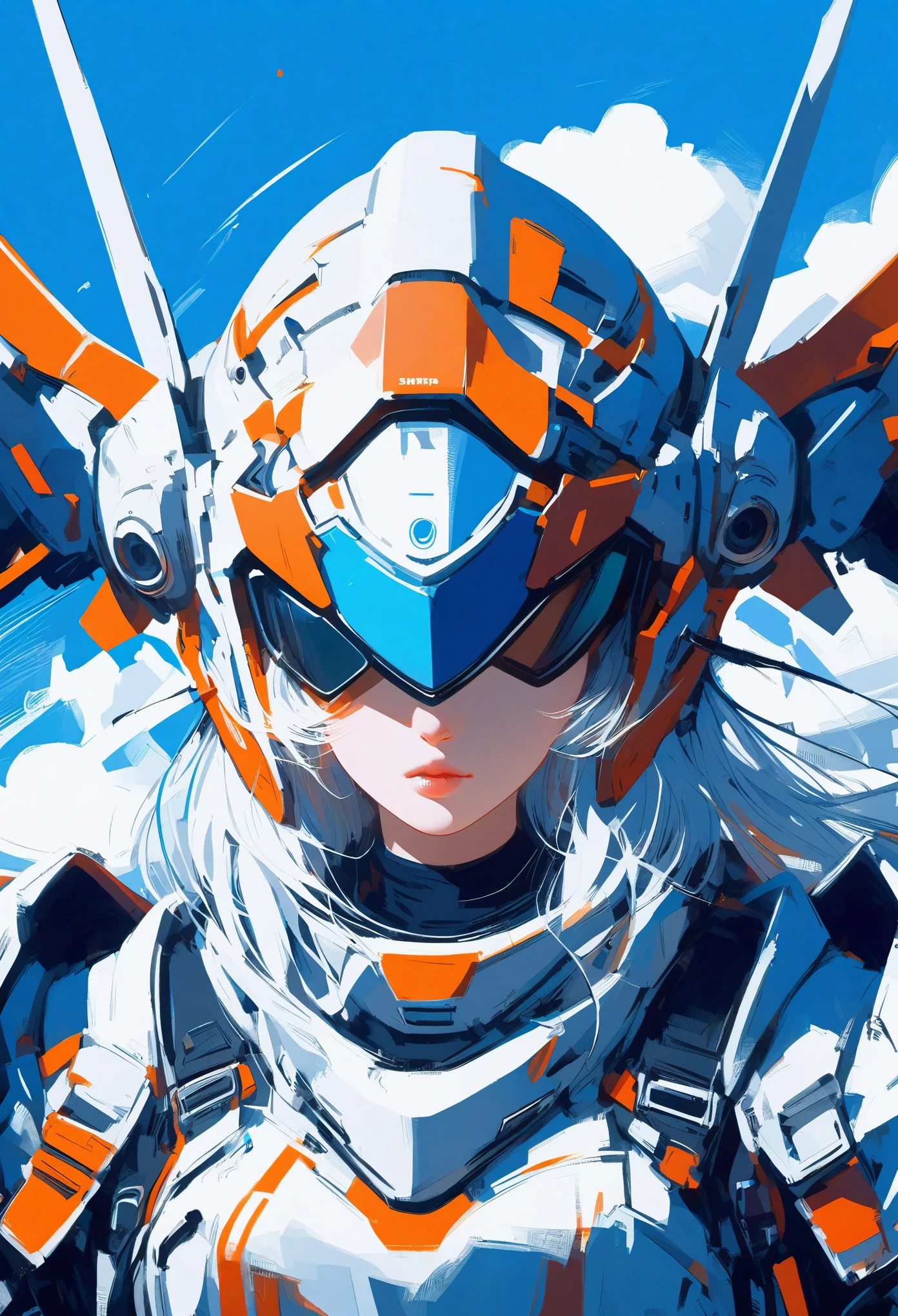 ((celluloid)),Mecha musume,a woman in a futuristic outfit is floating in the air with a sword in her hand with a sky and clouds and blue background with white clouds and blue and orange lines and white,with a,Joseph Stella,Mecha,portrait,rayonism,