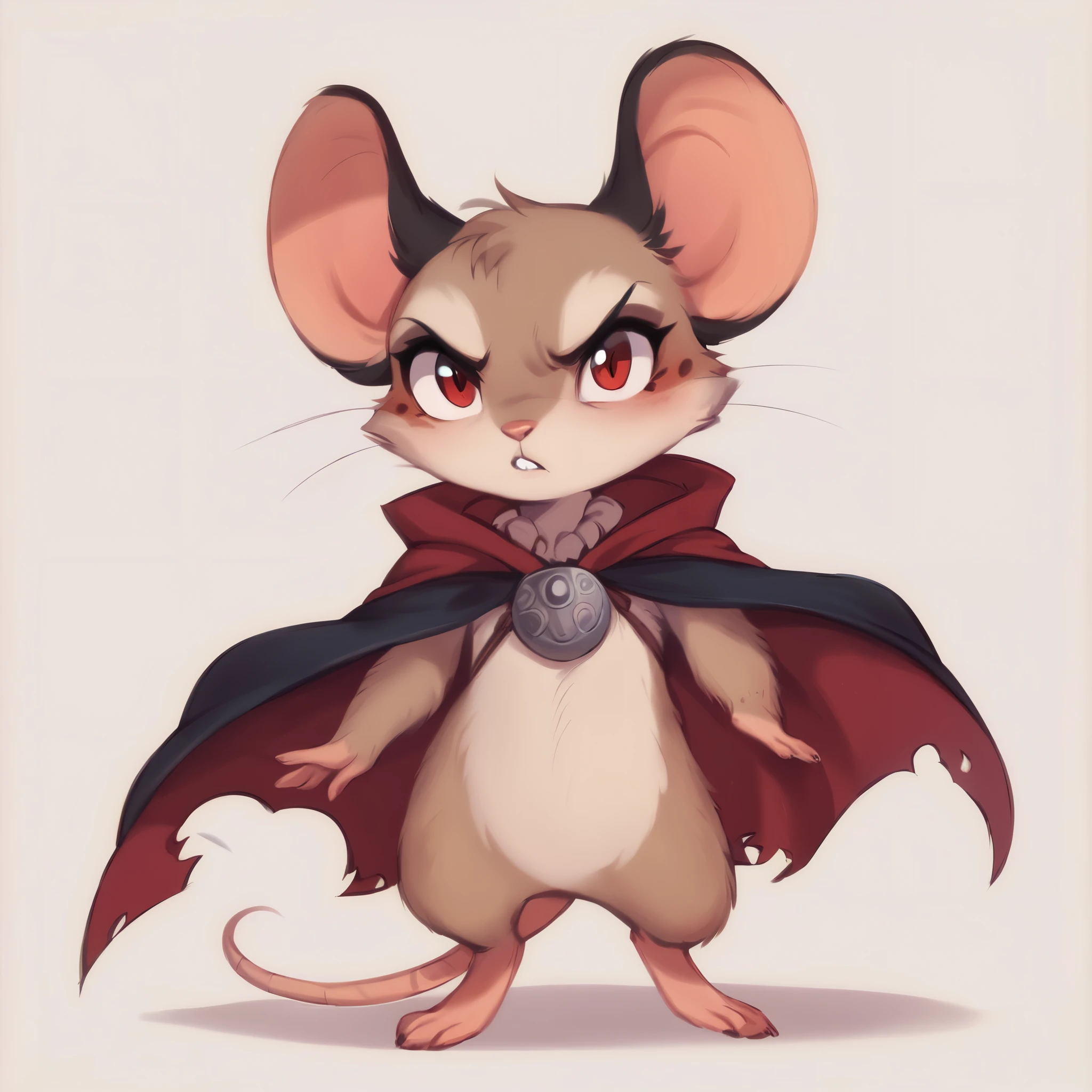 score_9, score_8_up, score_7_up, score_6_up, score_5_up, score_4_up, show accurate, full body, hungry body, simple background, (solo), (semi anthro), mouse, female mouse, fur body, ultra fine fur, standing, red eyes, (light brown dull fur), determined look, black open cape, cape with red details,