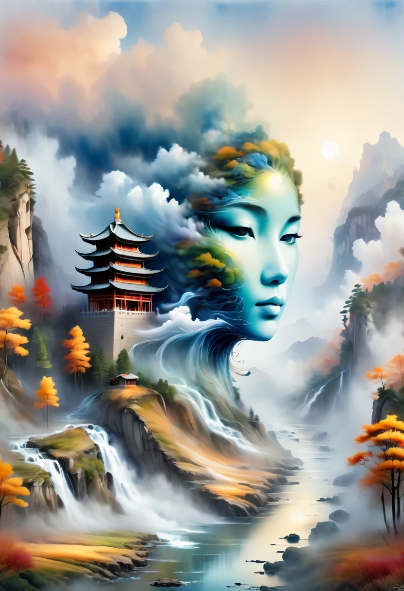 a landscape painting,Meticulous,Inspired by thousands of miles of rivers and mountains,Fuchun Mountain Residence Map,Expression techniques of cirrus clouds,flat illustration,traditional Chinese painting,Chinese landscape painting,Chinese architecture,cloud,vertical waterfall on cliff,Vibrant pine trees,fall,Takayama,wonderland,Dangerous situations,dangerous,3D facial mask,Black:1.37,Mineral pigments,Ultramarine,Track gold,Clear contours,sketch,Dry Lafa