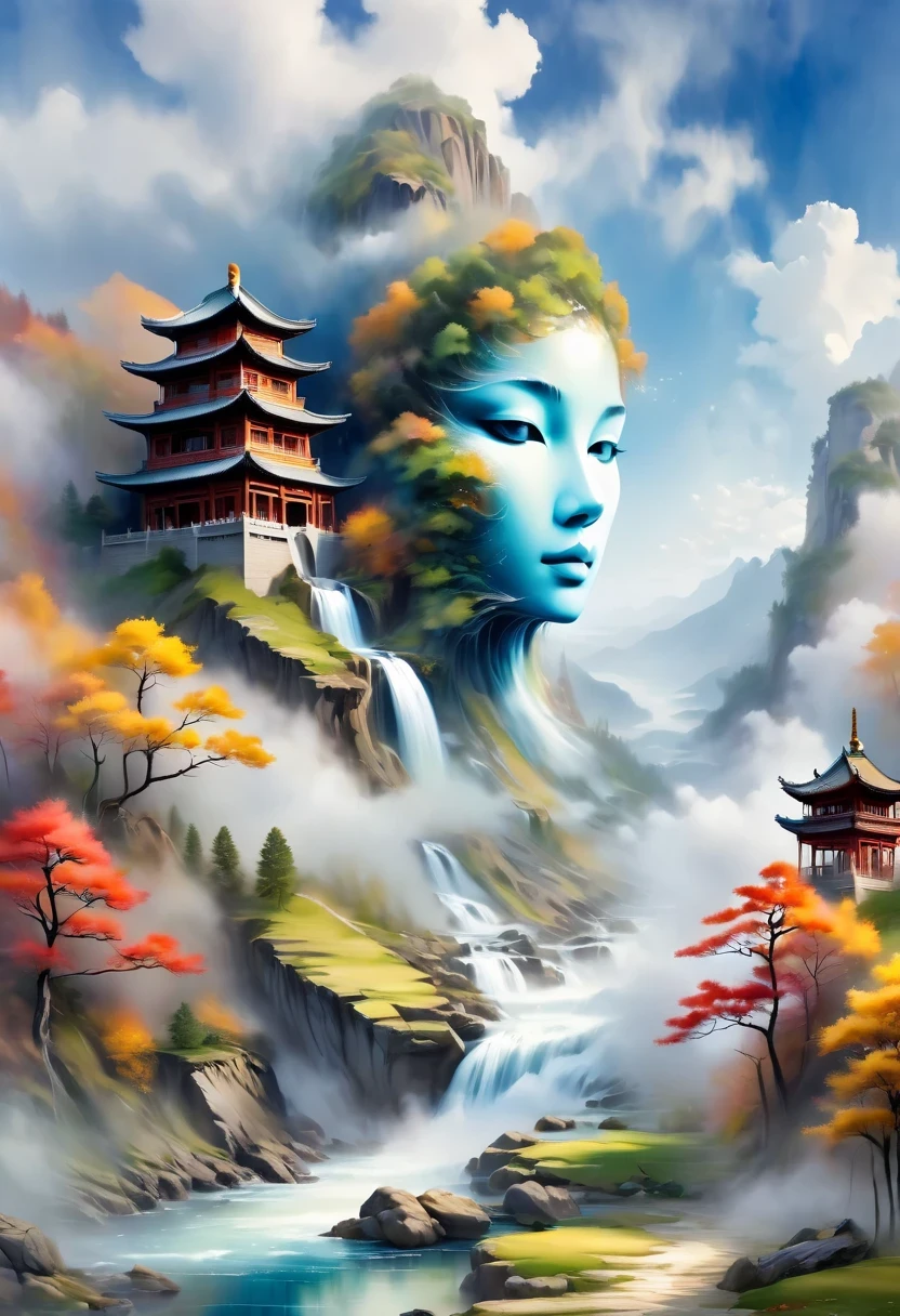 a landscape painting,Meticulous,Inspired by thousands of miles of rivers and mountains,Fuchun Mountain Residence Map,Expression techniques of cirrus clouds,flat illustration,traditional Chinese painting,Chinese landscape painting,Chinese architecture,cloud,vertical waterfall on cliff,Vibrant pine trees,fall,Takayama,wonderland,Dangerous situations,dangerous,3D facial mask,Black:1.37,Mineral pigments,Ultramarine,Track gold,Clear contours,sketch,Dry Lafa