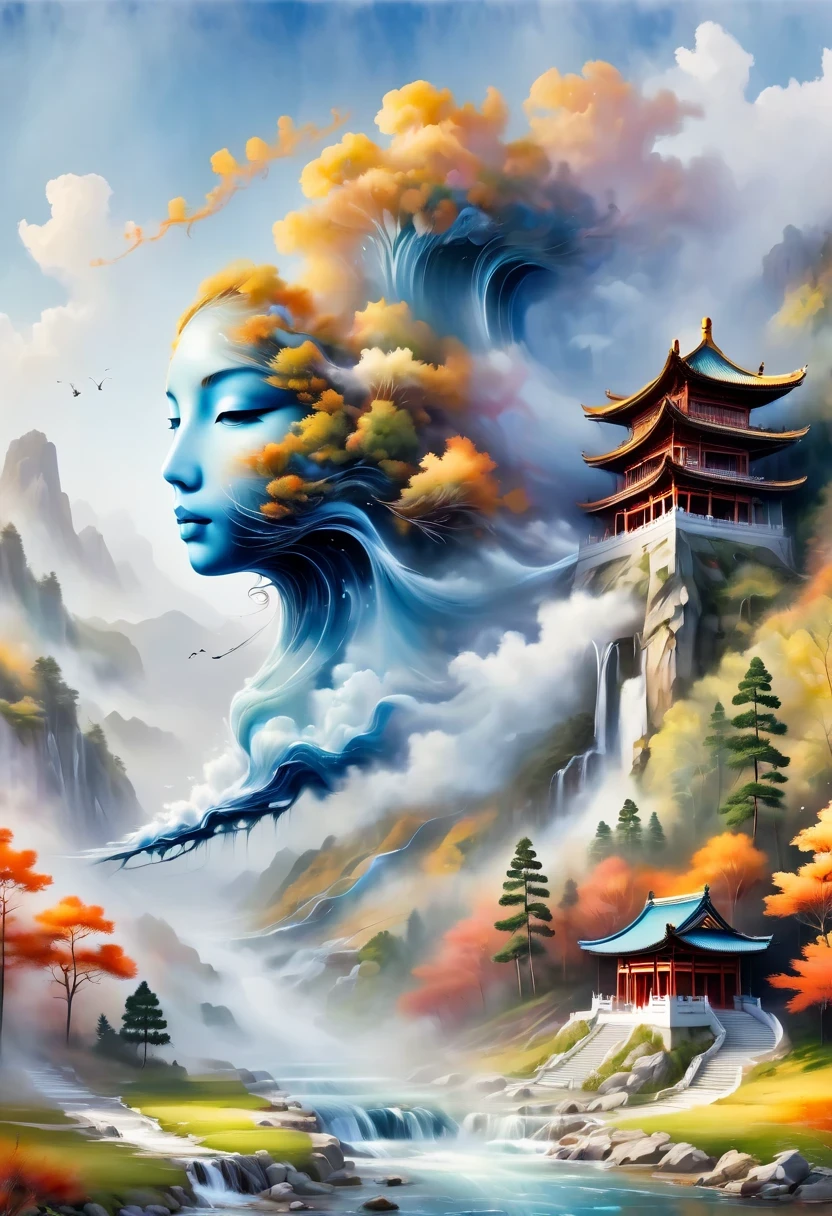 a landscape painting，Meticulous，Inspired by thousands of miles of rivers and mountains，Fuchun Mountain Residence Map，Expression techniques of cirrus clouds，flat illustration，traditional Chinese painting，Chinese landscape painting，Chinese architecture，cloud，vertical waterfall on cliff，Vibrant pine trees，fall，Takayama，wonderland，Dangerous situations，dangerous，3D facial mask，Black：1.37，Mineral pigments，Ultramarine，Track gold，Clear contours，sketch，Dry Lafa