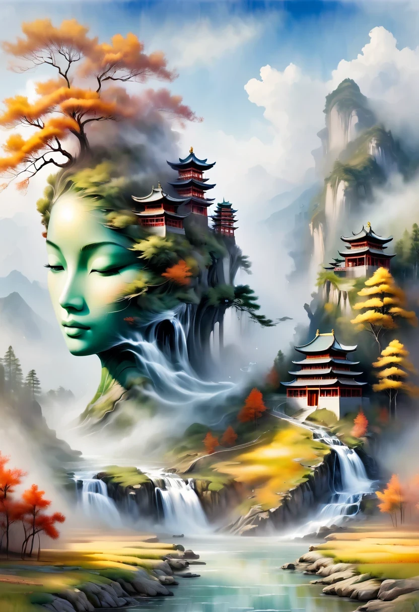 a landscape painting，Meticulous，Inspired by thousands of miles of rivers and mountains，Fuchun Mountain Residence Map，Expression techniques of cirrus clouds，flat illustration，traditional Chinese painting，Chinese landscape painting，Chinese architecture，cloud，vertical waterfall on cliff，Vibrant pine trees，fall，Takayama，wonderland，Dangerous situations，dangerous，3D facial mask，Black：1.37，Mineral pigments，Ultramarine，Track gold，Clear contours，sketch，Dry Lafa