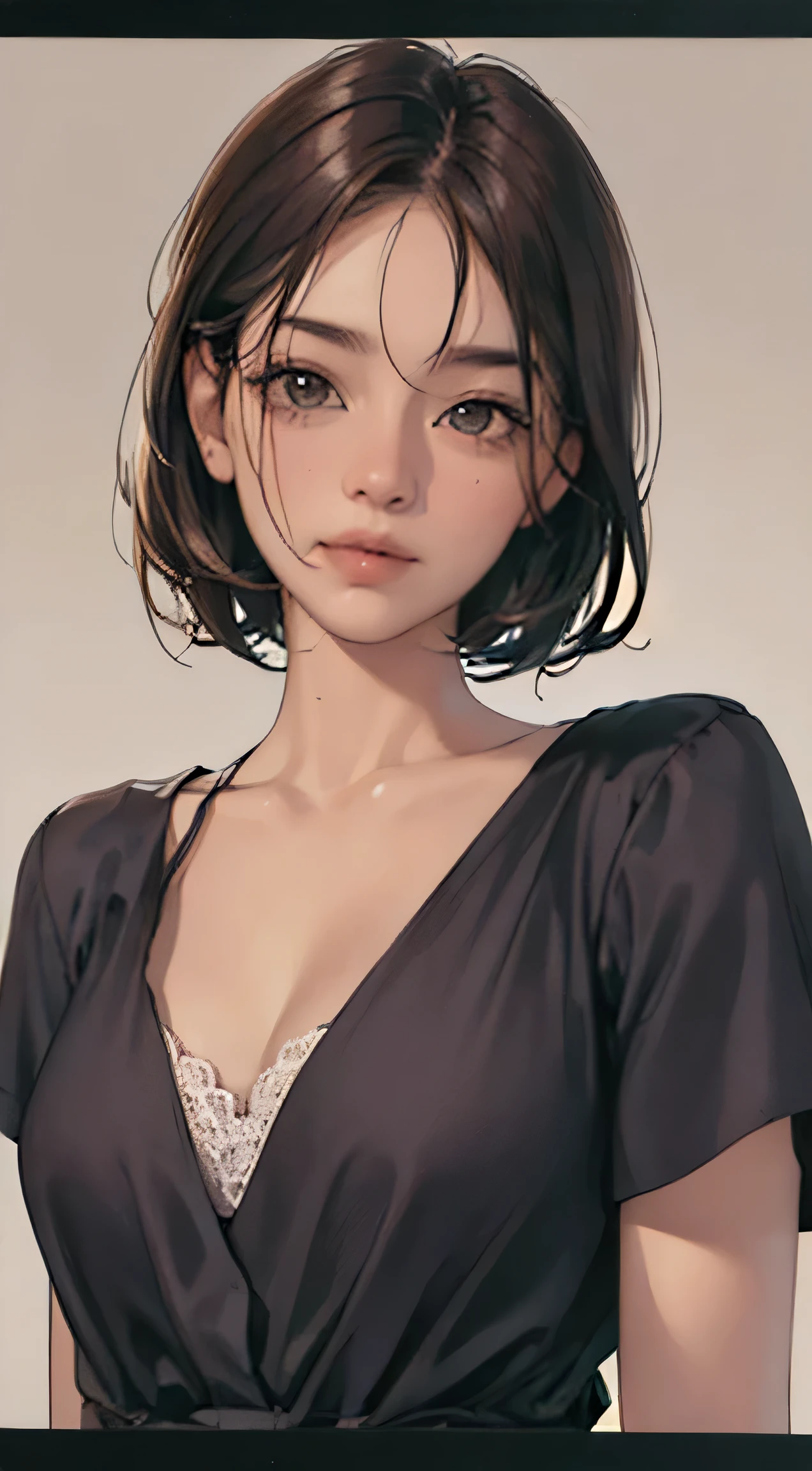 (masterpiece、highest quality、photogenuineistic、High resolution、photograph、:1.3)、close up shot、sharp focus、one brunette girl、30 year old mature woman、small face、no makeup、Highly detailed eyes and pupils、genuine skin、slim body shape、bust B cup、、cleavage、wet hair、short cut hair、dark brown hair、delicate face、sensual gaze、glossy lips、((Wearing Henry's Shirt))、The background is、gray wall、((genuine、Supergenuine、genuineism、authentic details))