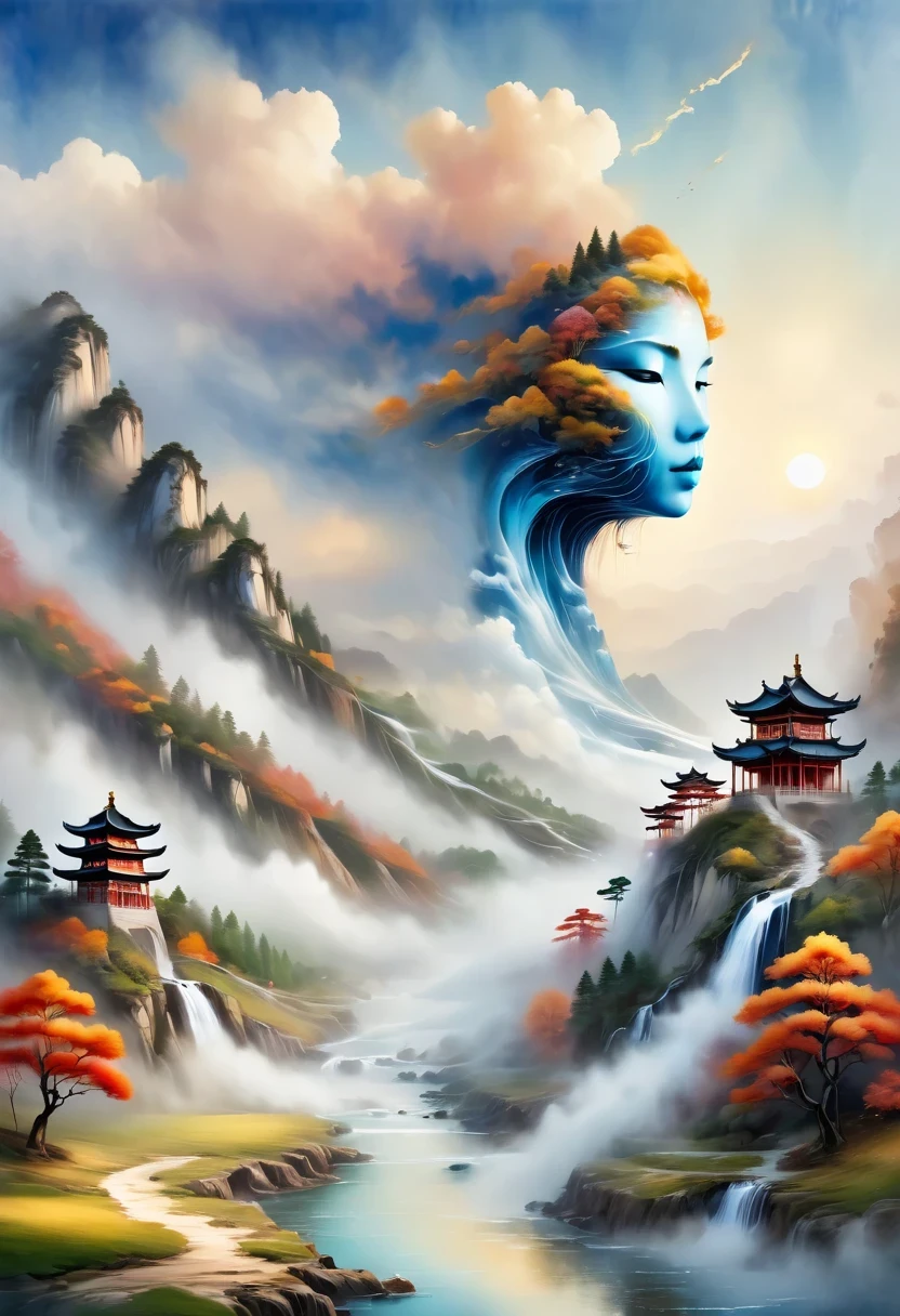 a landscape painting,Meticulous,Inspired by thousands of miles of rivers and mountains,Fuchun Mountain Residence Map,Expression techniques of cirrus clouds,flat illustration,traditional Chinese painting,Chinese landscape painting,Chinese architecture,cloud,vertical waterfall on cliff,Vibrant pine trees,fall,Takayama,wonderland,Dangerous situations,dangerous,3D facial mask,Black:1.37,Mineral pigments,Ultramarine,Track gold,Clear contours,sketch,Dry Lafa