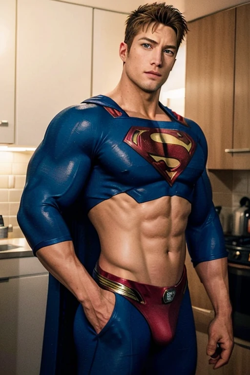 Superman posing in a kitchen with his cape up, superhero body, Superman pose, Superman costume, Superman, The best realistic photography, Awesome and cool movie, justin hartley as Superman, muscular male hero, Very realistic, A very detailed RTM pathogen., DC Comics style, Very detailed, dwayne johnson as Superman, Wojtek Fuss, The best realistic photography, ภาพถ่ายVery realistic
