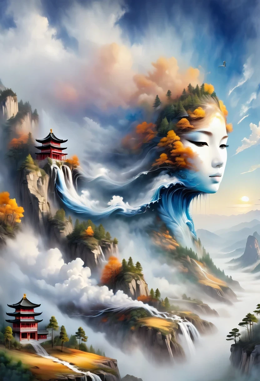 a landscape painting，Meticulous，Inspired by thousands of miles of rivers and mountains，Fuchun Mountain Residence Map，Expression techniques of cirrus clouds，flat illustration，traditional Chinese painting，Chinese landscape painting，Chinese architecture，cloud，vertical waterfall on cliff，Vibrant pine trees，fall，Takayama，wonderland，Dangerous situations，dangerous，3D facial mask，Black：1.37，Mineral pigments，Ultramarine，Track gold，Clear contours，sketch，Dry Lafa
