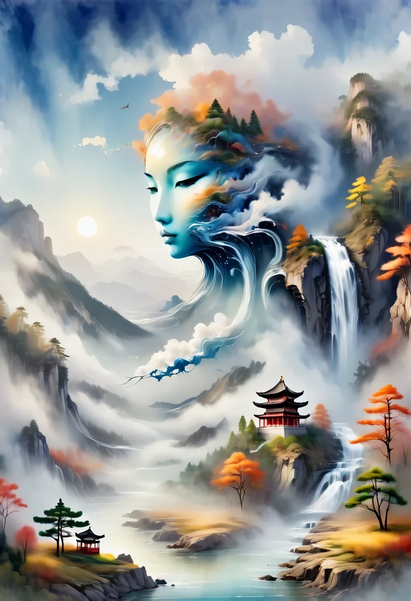 a landscape painting,Meticulous,Inspired by thousands of miles of rivers and mountains,Fuchun Mountain Residence Map,Expression techniques of cirrus clouds,flat illustration,traditional Chinese painting,Chinese landscape painting,Chinese architecture,cloud,vertical waterfall on cliff,Vibrant pine trees,fall,Takayama,wonderland,Dangerous situations,dangerous,3D facial mask,Black:1.37,Mineral pigments,Ultramarine,Track gold,Clear contours,sketch,Dry Lafa