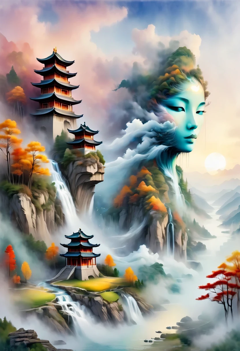 a landscape painting，Meticulous，Inspired by thousands of miles of rivers and mountains，Fuchun Mountain Residence Map，Expression techniques of cirrus clouds，flat illustration，traditional Chinese painting，Chinese landscape painting，Chinese architecture，cloud，vertical waterfall on cliff，Vibrant pine trees，fall，Takayama，wonderland，Dangerous situations，dangerous，3D facial mask，Black：1.37，Mineral pigments，Ultramarine，Track gold，Clear contours，sketch，Dry Lafa