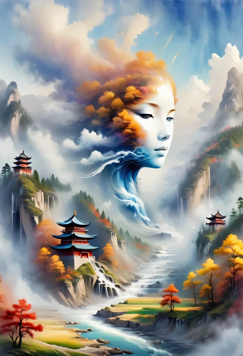 a landscape painting,Meticulous,Inspired by thousands of miles of rivers and mountains,Fuchun Mountain Residence Map,Expression techniques of cirrus clouds,flat illustration,traditional Chinese painting,Chinese landscape painting,Chinese architecture,cloud,vertical waterfall on cliff,Vibrant pine trees,fall,Takayama,wonderland,Dangerous situations,dangerous,3D facial mask,Black:1.37,Mineral pigments,Ultramarine,Track gold,Clear contours,sketch,Dry Lafa