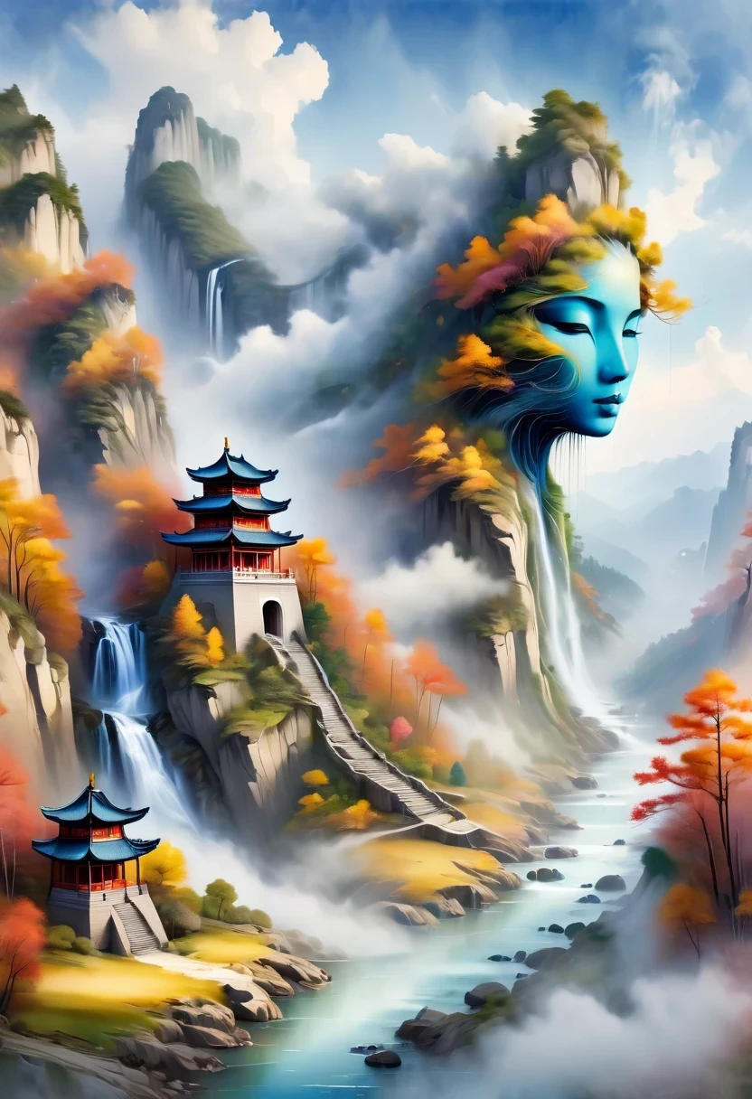 a landscape painting,Meticulous,Inspired by thousands of miles of rivers and mountains,Fuchun Mountain Residence Map,Expression techniques of cirrus clouds,flat illustration,traditional Chinese painting,Chinese landscape painting,Chinese architecture,cloud,vertical waterfall on cliff,Vibrant pine trees,fall,Takayama,wonderland,Dangerous situations,dangerous,3D facial mask,Black:1.37,Mineral pigments,Ultramarine,Track gold,Clear contours,sketch,Dry Lafa