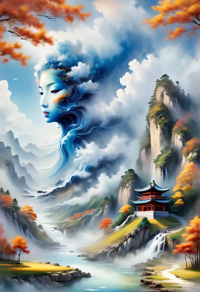 a landscape painting,Meticulous,Inspired by thousands of miles of rivers and mountains,Fuchun Mountain Residence Map,Expression techniques of cirrus clouds,flat illustration,traditional Chinese painting,Chinese landscape painting,Chinese architecture,cloud,vertical waterfall on cliff,Vibrant pine trees,fall,Takayama,wonderland,Dangerous situations,dangerous,3D facial mask,Black:1.37,Mineral pigments,Ultramarine,Track gold,Clear contours,sketch,Dry Lafa