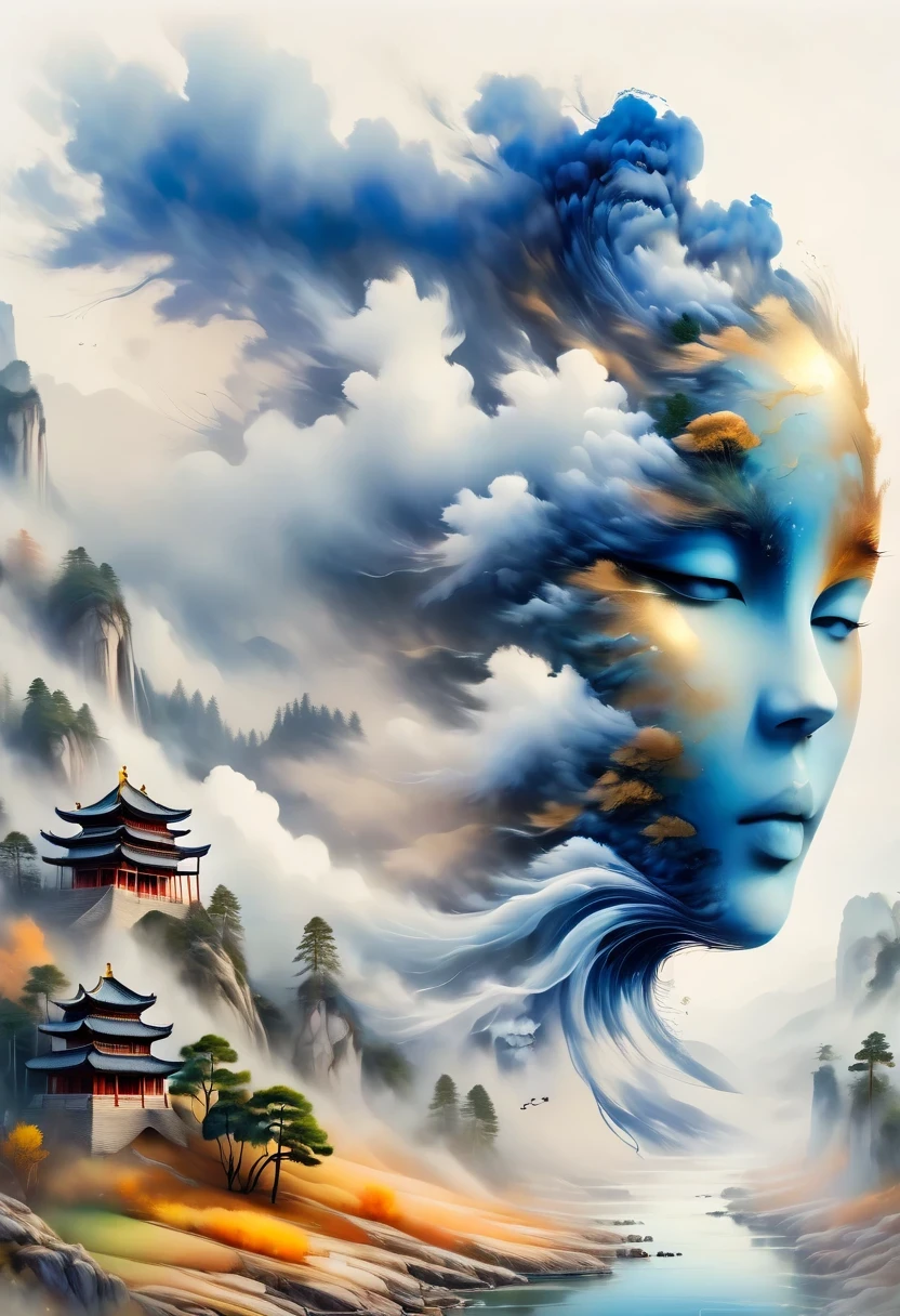 a landscape painting,Meticulous,Inspired by thousands of miles of rivers and mountains,Fuchun Mountain Residence Map,Expression techniques of cirrus clouds,flat illustration,traditional Chinese painting,Chinese landscape painting,Chinese architecture,cloud,vertical waterfall on cliff,Vibrant pine trees,fall,Takayama,wonderland,Dangerous situations,dangerous,3D facial mask,Black:1.37,Mineral pigments,Ultramarine,Track gold,Clear contours,sketch,Dry Lafa