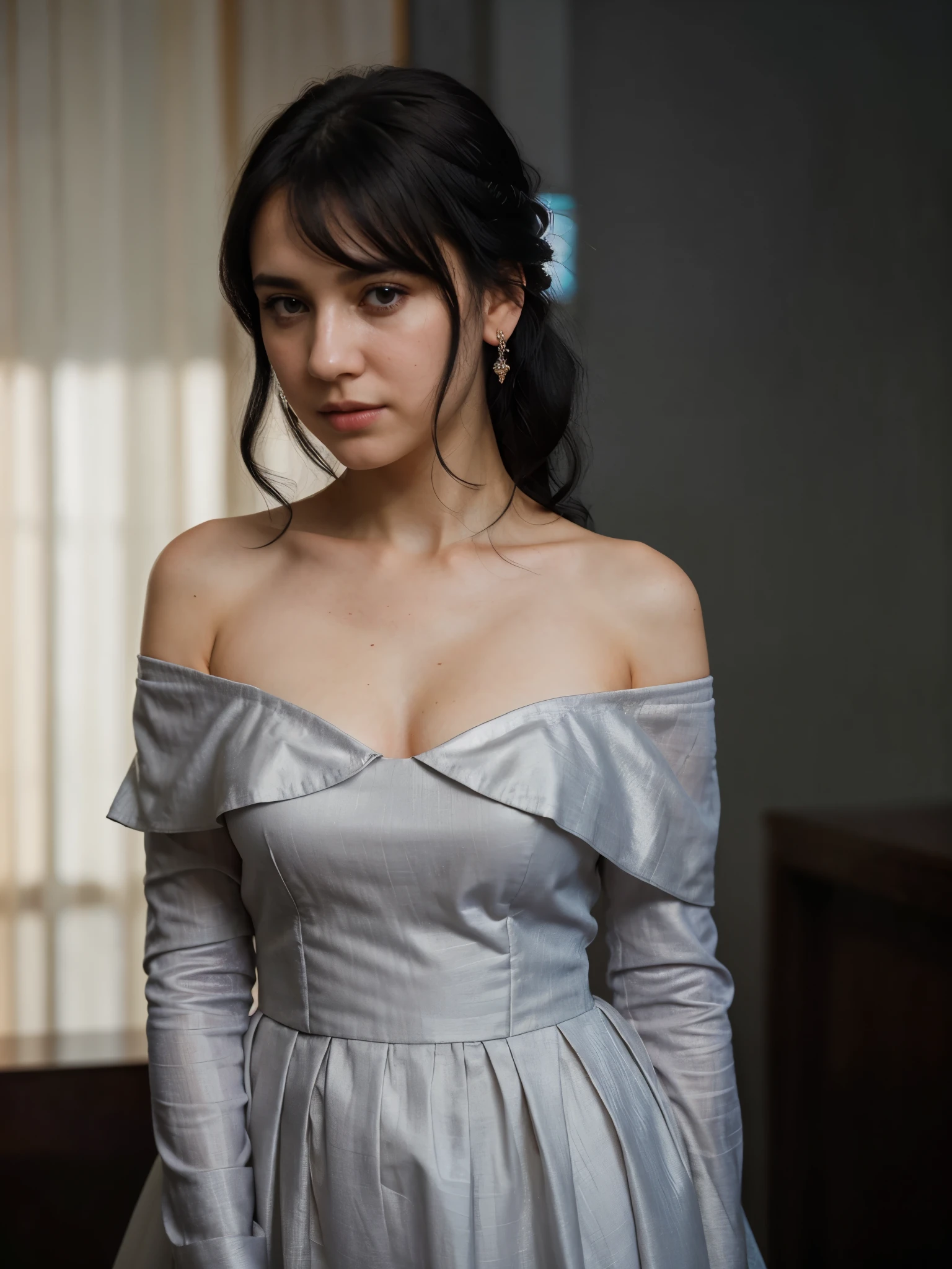 A stunning intricate full color portrait of (sks woman:1), wearing a royal off shoulder dress in white color, dark greyish plain background, epic character composition, by ilya kuvshinov, alessio albi, nina masic, sharp focus, natural lighting, subsurface scattering, f1.8, 35mm, film grain, (((black hair))), side bang, regal pose, official photoshoot, formal pose