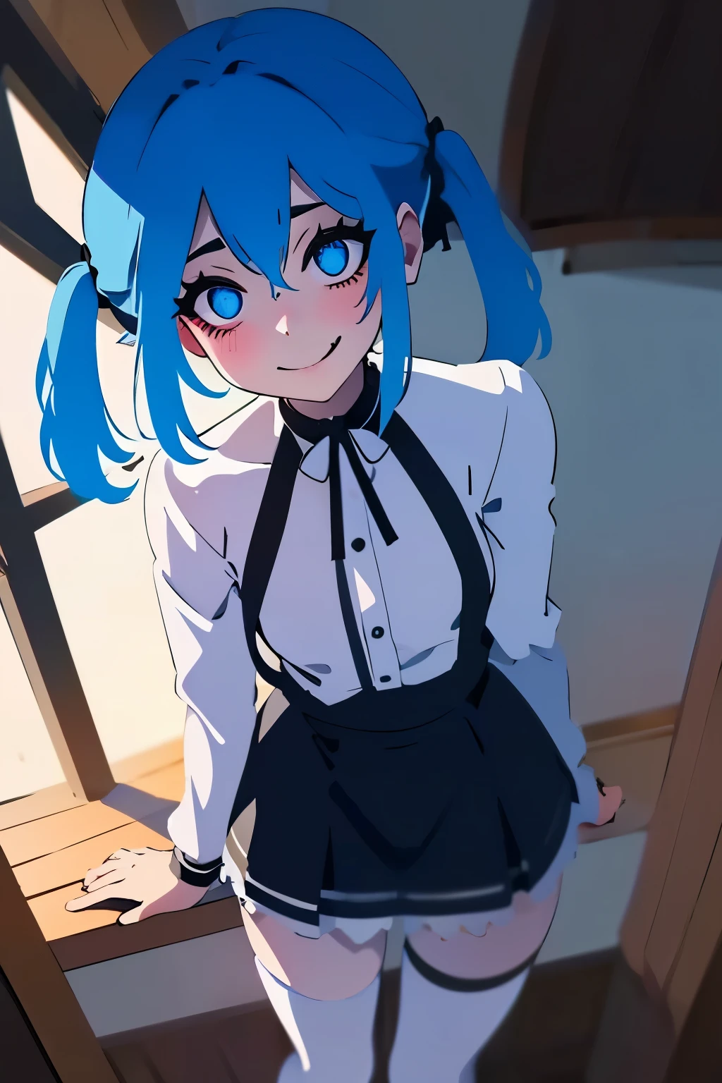 a woman with a flat, young body, small breasts, blue hair tied up into pigtails, empty eyes, crazy yandere eyes, crazy eyes, yandere eyes, bright blue eyes, crazy smile, loose white blouse, short black skirt, tight black pantyhose, looking at viewer