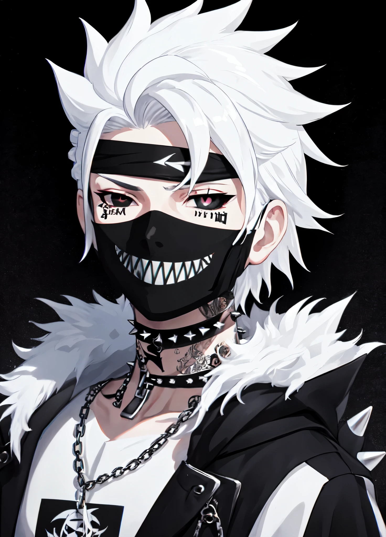 dark theme, eem, looking at viewer, short hair, simple background, 1boy, upper body, white hair, male focus, necklace, black eyes, chain, eyepatch, spiked hair, black background, portrait, spikes, black sclera, spiked collar, black mask, 