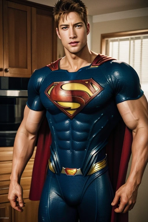 Superman posing in a kitchen with his cape up, superhero body, Superman pose, Superman costume, Superman, The best realistic photography, Awesome and cool movie, justin hartley as Superman, muscular male hero, Very realistic, A very detailed RTM pathogen., DC Comics style, Very detailed, dwayne johnson as Superman, Wojtek Fuss, The best realistic photography, ภาพถ่ายVery realistic
