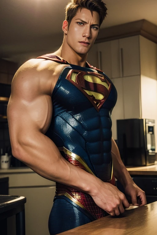 Superman posing in a kitchen with his cape up, superhero body, Superman pose, Superman costume, Superman, The best realistic photography, Awesome and cool movie, justin hartley as Superman, muscular male hero, Very realistic, A very detailed RTM pathogen., DC Comics style, Very detailed, dwayne johnson as Superman, Wojtek Fuss, The best realistic photography, ภาพถ่ายVery realistic