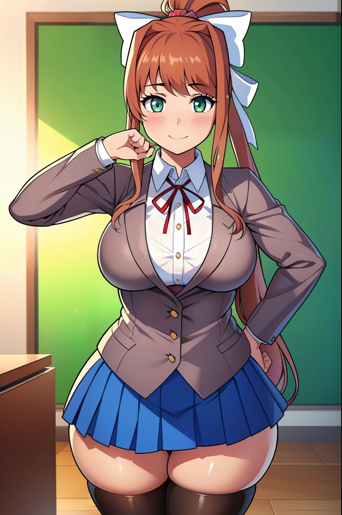 Masterpiece, high quality, best quality, beautiful, HD, perfect lighting, detailed face, detailed body, ultra cute face, dynaimc angle, cowboy shot 1.5, ((1girl)), ((solo)), cute pose, (Monika),

 brown hair, green eyes, very long hair, ponytail, (white bow), blazer, brown sweater, collared shirt, neck ribbon, blue skirt, school classroom, looking at viewer, ((blush)), medium breasts, perky breasts, wide hips, ((thick thighs)), 

sweet smile, affectionate, classroom, 