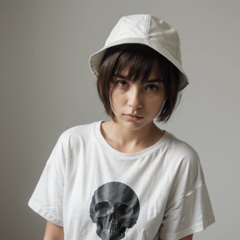 (Monocrhome), Mid Shot, (She is realy sad), dark, dismal expression, (oversize clothes) (thoughtful poses) in love, chiaroscuro, black and white, 90s girl, simple background, minimalistic, beautifull, ((photoshot)), baggy clothes, wearing bucket hat, black oversize shirt, girl with pixie cut hairstyle, woman, dark background highlighting the figure. Natural lighting, stunning realism, minimalistic, simple background, thoughtful expression, (skull graphic in t-shirt), er, nadia.