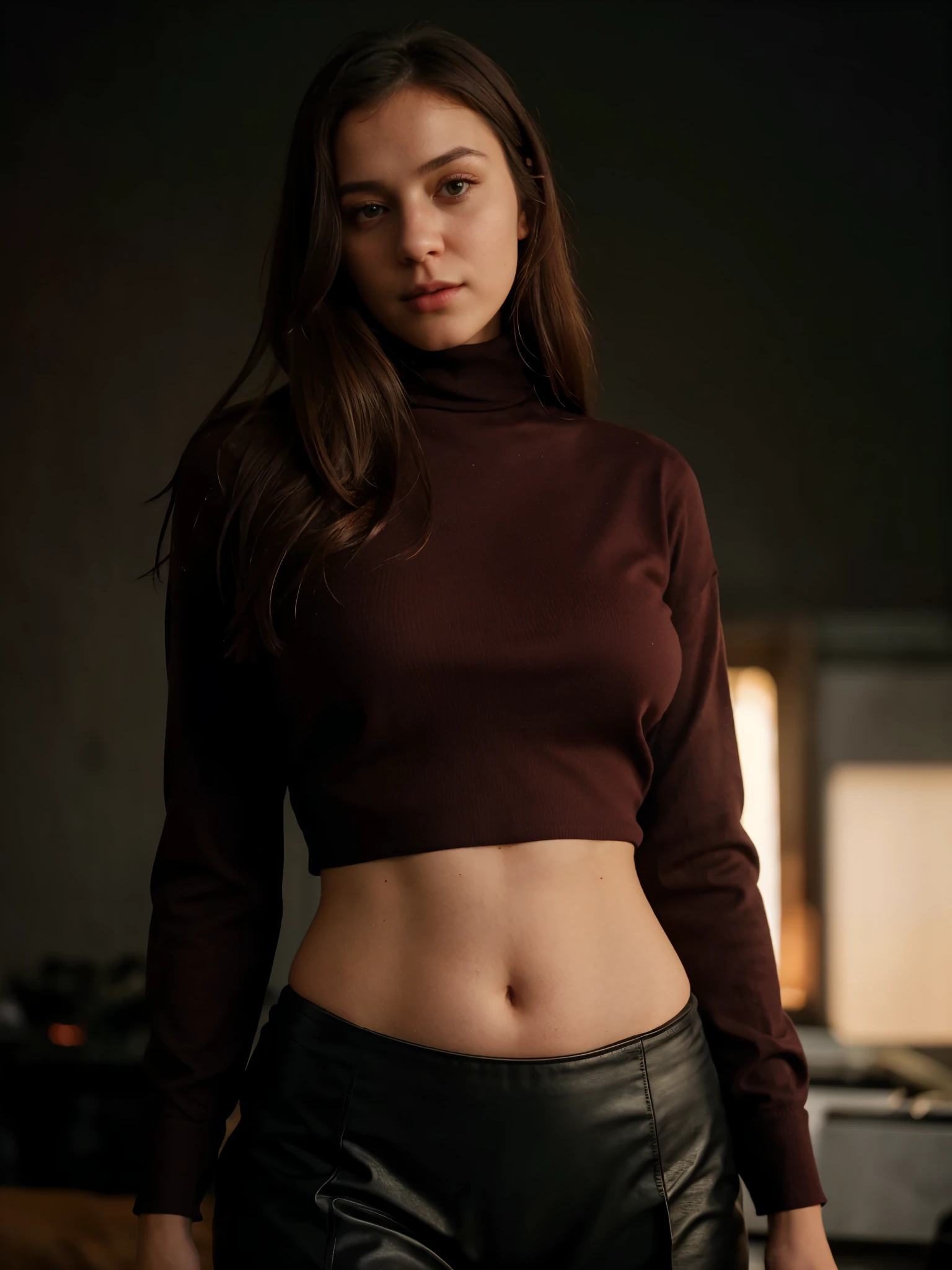 A stunning intricate full color portrait of (sks woman:1), wearing a black turtleneck with cropped in the belly part, cropped turtleneck, dark red plain background, epic character composition, by ilya kuvshinov, alessio albi, nina masic, sharp focus, natural lighting, subsurface scattering, f1.8, 35mm, film grain, 