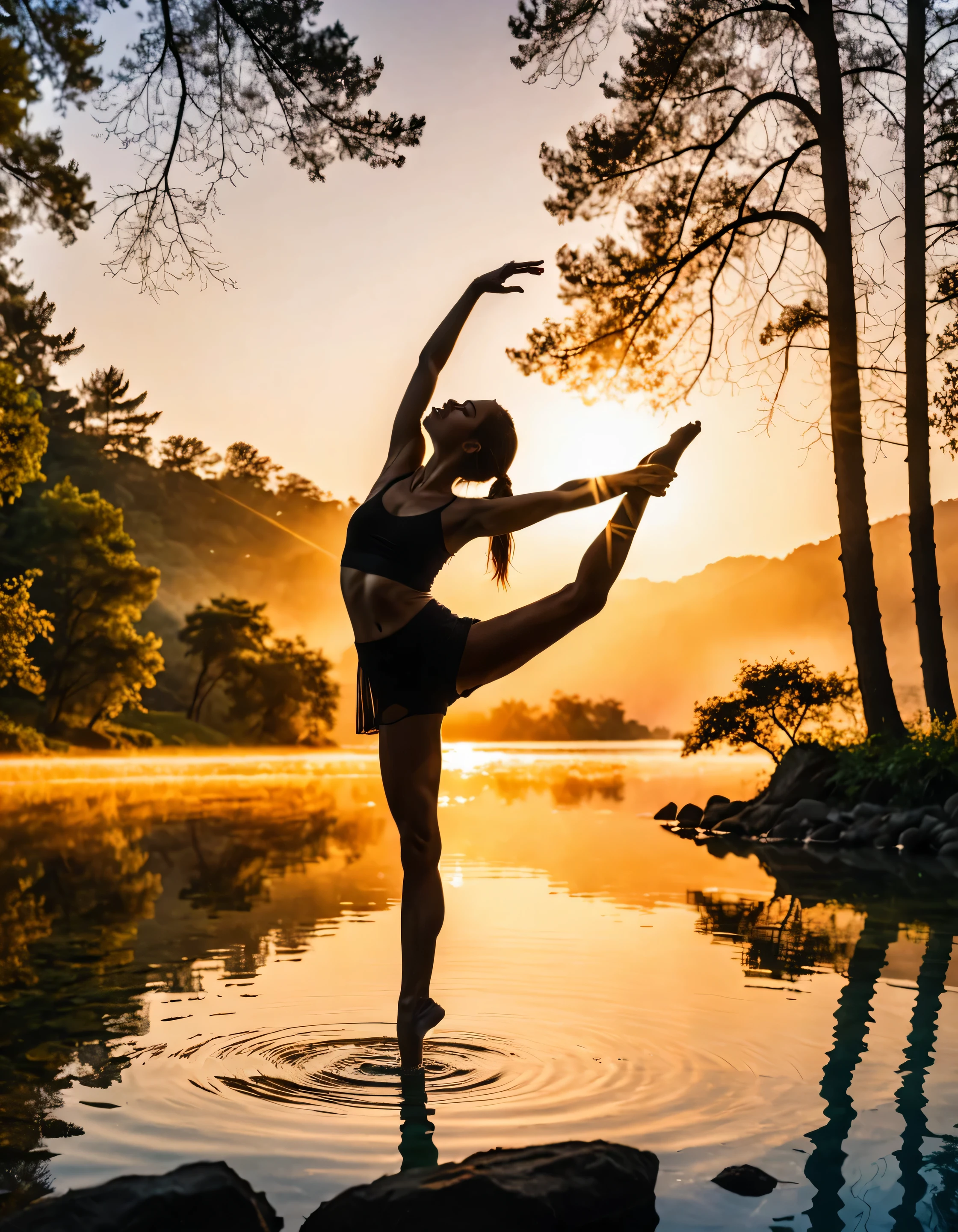 (masterpiece, best quality:1.2), 1girl, solo, standing_split, 
Silhouette photo of 1woman, multiple exposure, sunrise, water, trees, light-beams, enhance, intricate, high-saturation, (best quality, masterpiece, Representative work, UHD, HIghres, Professional, 8k wallpaper:1.3)