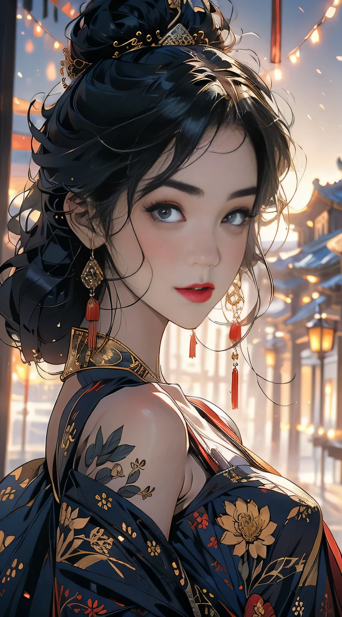 （masterpiece，top quality，best quality，official art，Beautiful and beautiful：1.2），（1 girl），Very detailed，rich and colorful，most detailed，official art，unity 8k wallpaper，Super detailed，Beautiful and beautiful，Beautiful big breasts，masterpiece，best quality，（Zentangle，mandala，tangled，entangled），divine light，gold foil，gold foilart，flash drawing，Chinese clothes，red dress，bushing，bare shoulders，