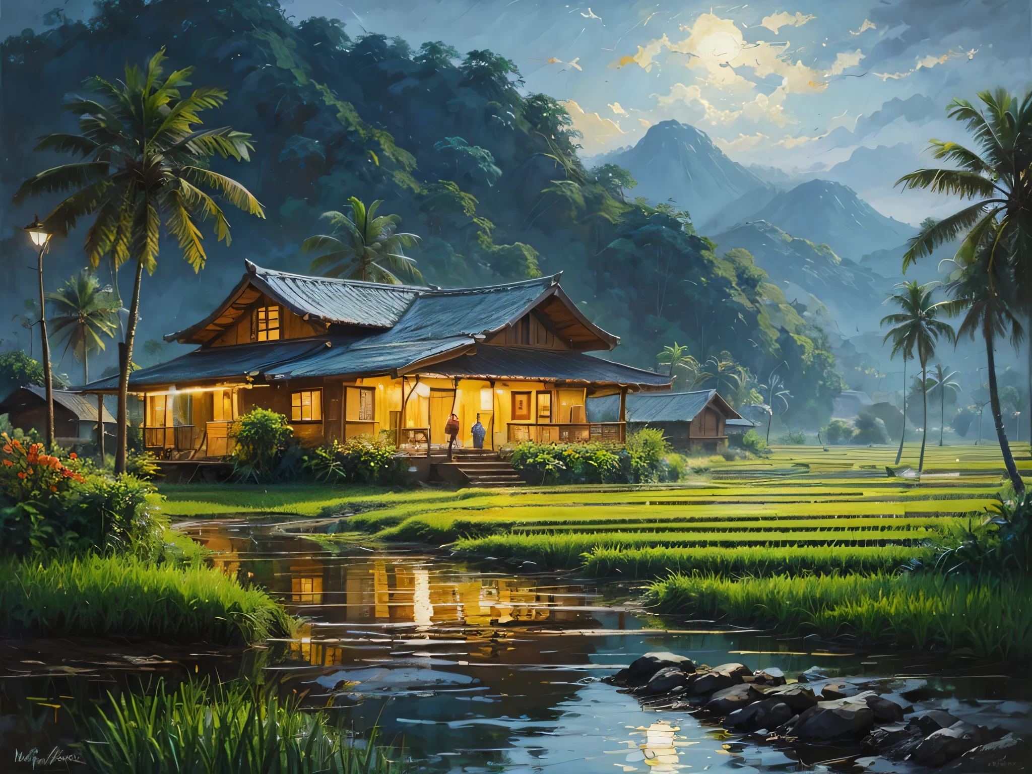 Oil painting STYLE of Painter Pastor Mork Monsted... let there be bright and lively colors, Indonesian countryside, rice fields, nighttime atmosphere, reflections, hills in the distance