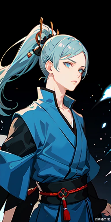 1 boy, blue hair, ponytail, blue eyes,Upper body, (samurai), Droopy eyes,kimono,dagger, Medium breath , wallpaper, magic circle background, particles of light, blue fire,
