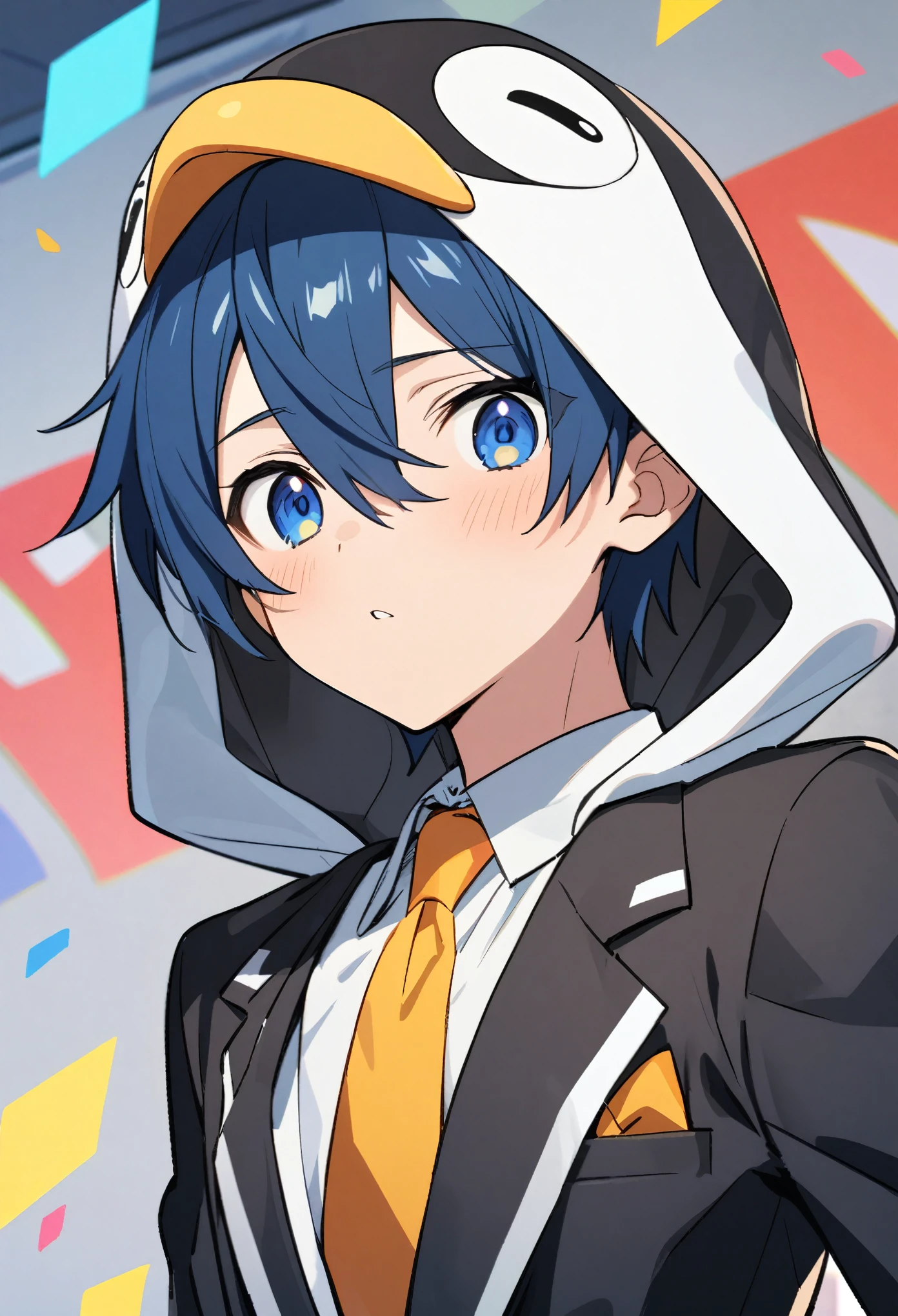 An anime teenager wearing a suit with a penguin hat on his head 