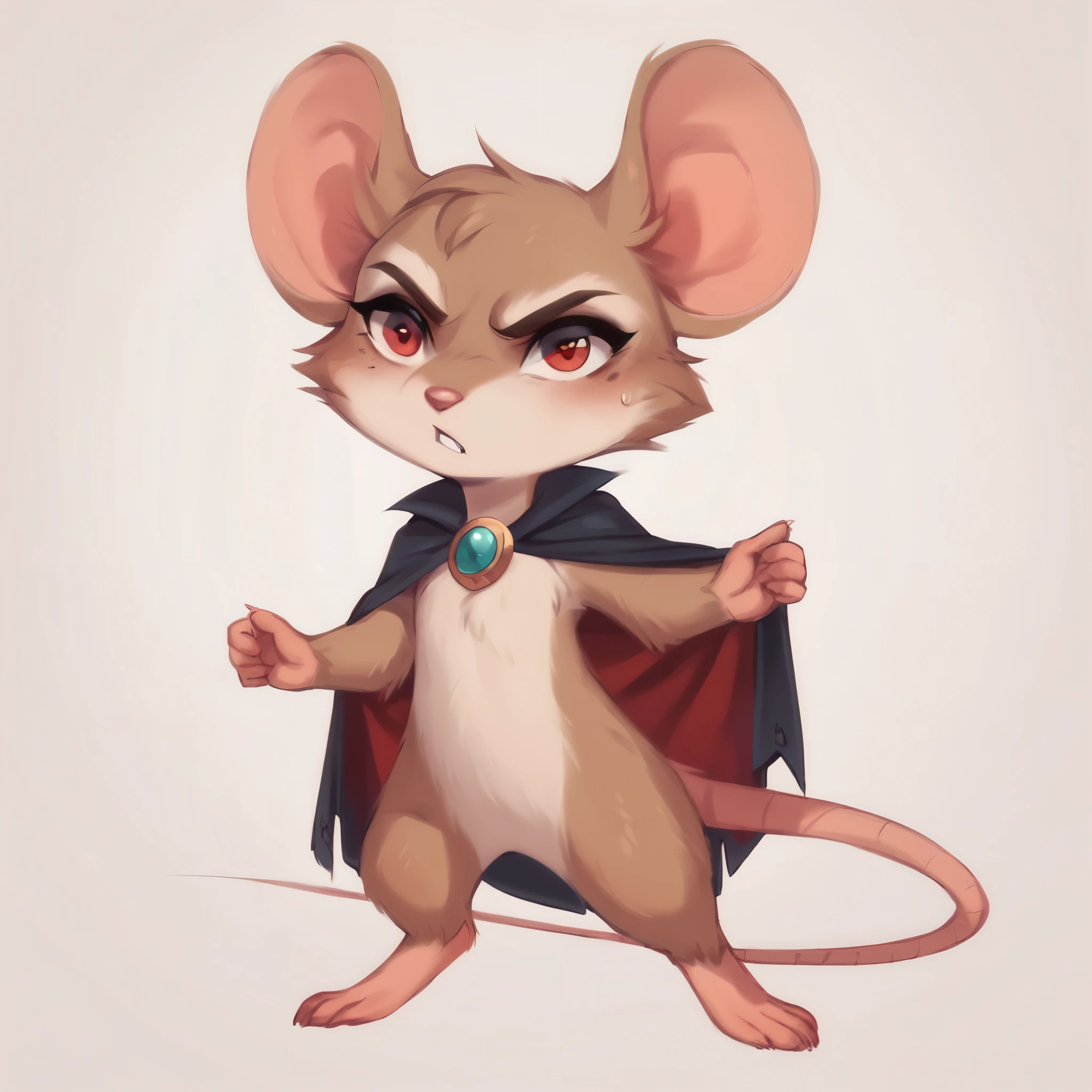score_9, score_8_up, score_7_up, score_6_up, score_5_up, score_4_up, show accurate, full body, hungry body, simple background, (solo), (semi anthro), mouse, female mouse, fur body, ultra fine fur, standing, red eyes, (light brown dull fur), determined look, black open cape, red inner cape, silver cape brooch,