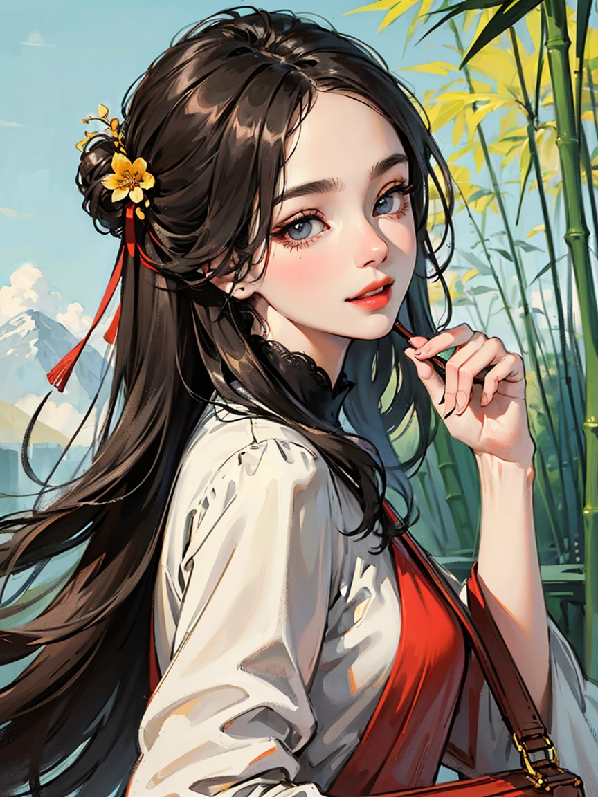 Chinese ink painting, masterpiece, best quality, high resolution, detailed skin, beautiful girl, confident and brave, with wisdom to solve every problem and challenge, clear focus, perfect face, beautiful eyes, one woman, solo, with handbag, history maker, great bamboo forest background, detailed and well-designed outfit, ancient architecture background, beautiful sky, bright sunshine, black hair, super long hair, confident smile, wind, plants, flowers