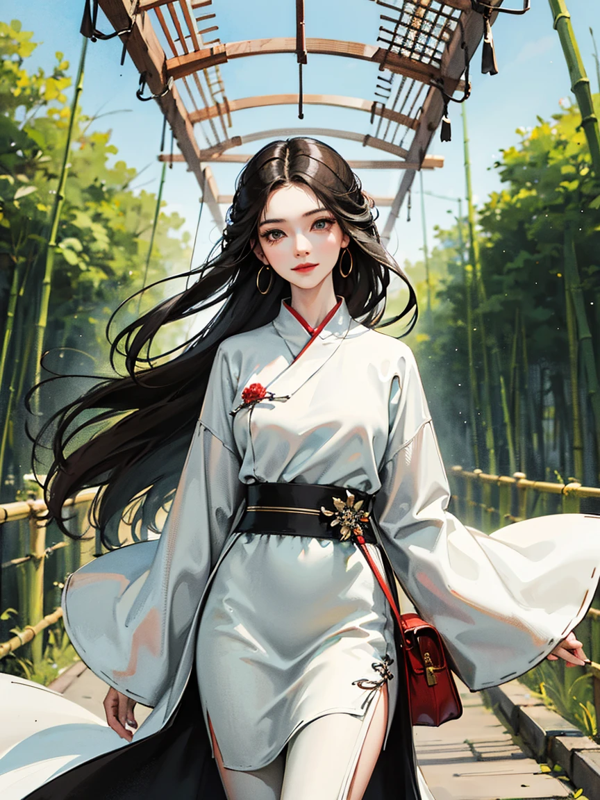 Chinese ink painting, masterpiece, best quality, high resolution, detailed skin, beautiful girl, confident and brave, with wisdom to solve every problem and challenge, clear focus, perfect face, beautiful eyes, one woman, solo, with handbag, history maker, great bamboo forest background, detailed and well-designed outfit, ancient architecture background, beautiful sky, bright sunshine, black hair, super long hair, confident smile, wind, plants, flowers