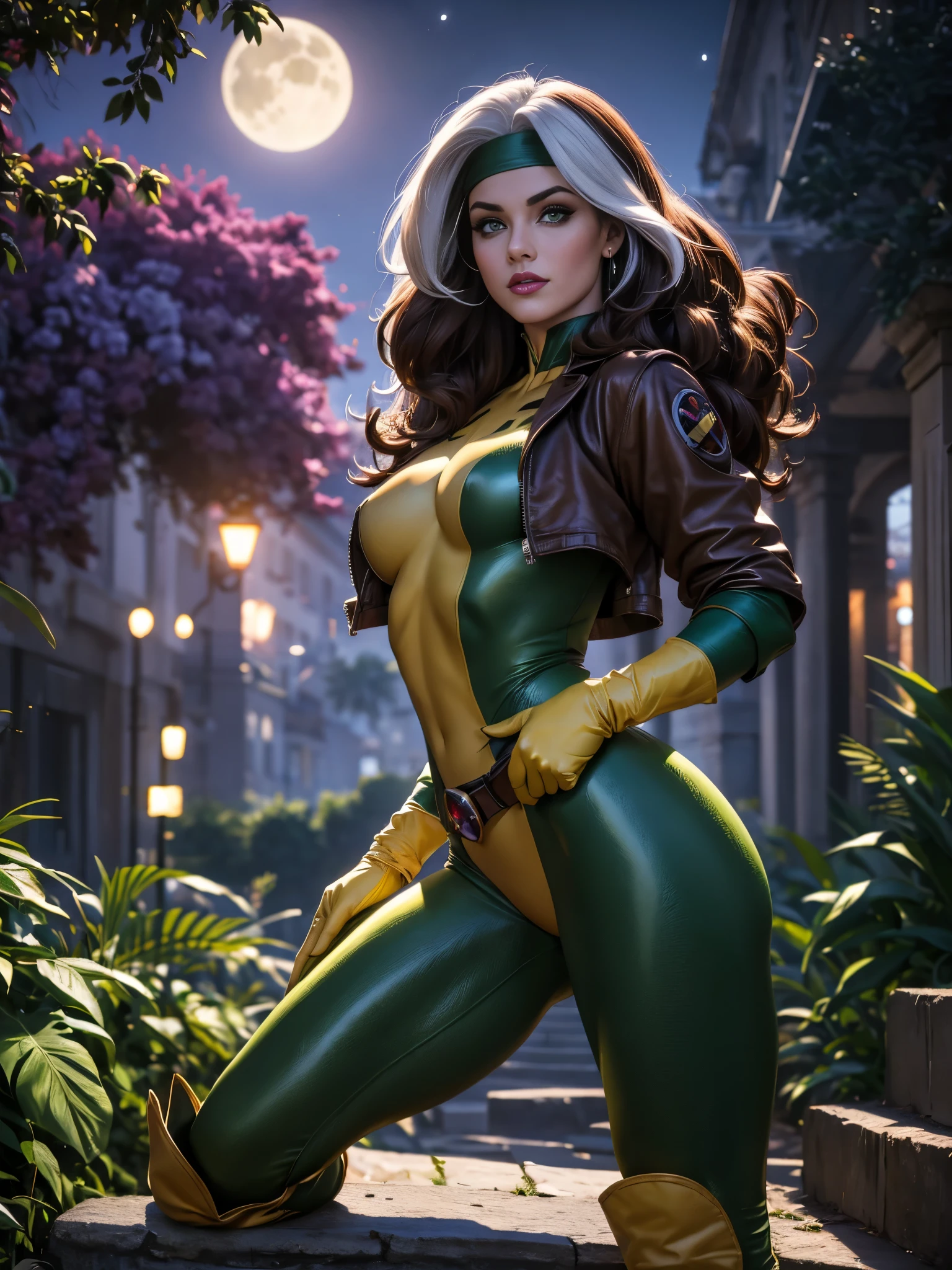 (masterpiece:1.0), (best_quality:1.2), (darkshot 1:1), Classic Rogue, 1991 Rogue X-Men, 1girl, Only, night time, full body view, facing the viewer, hand on hips, legs parted, confident stance, medium length hair, brown hair, wavy hair, one lock of white hair, green headband, green eyes, mischievous look, parted lips, physically fit figure, medium breasts, lipstick, makeup, brown leather jacket, gloves, belt, gold earrings, skin-tight green bodysuit, open jacket, boots, Looking down at the Viewer, moonlight, shadows, light source from moon above, (realism: 1.5), (Realistic: 1.4), (Absurdity:1.4), 8k, ultra-detailed, Detailed Beautiful Woman, (only:1.4), 1girl, background of garden at night time, stone archways, stone steps, wisteria trees, outside of mansion, official art, extremely detailed CG unity 8k wallpaper, perfect lighting, Colorful, ultra high res, photography, 8K, HDR, Kodak portra 400, film grain, blurry background, (bokeh:1.2), (vibrant_color:1.2), professional photograph