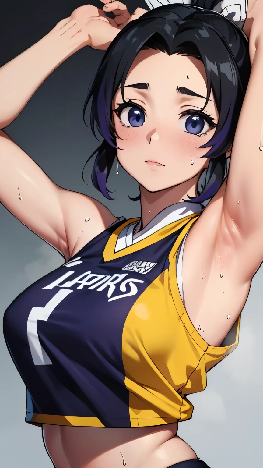 a close up of a person wearing a basketball uniform, a picture, inspired by Kentaro Miura, trending on pixiv, Shinobu Kochou, Demon Slayer, Kimetsu no Yaiba, wearing yellow nba jersey, yellow croptop nba jersey, wearing a low cut croptop, wearing croptop, croptop, the words "Lakers" written on the croptop, golden raito, (winking), shirobako, large)}], favorite scene, fine details. anime. skins, sweating, big breasts, both hands raised, armpits, armpits visible, dripping with sweat, more more sweat, sweaty armpits