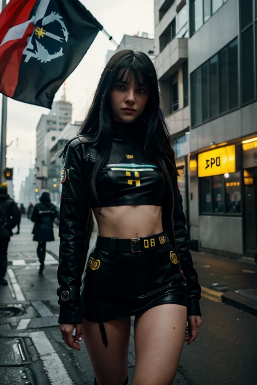 cyberpunk city girl with flag of ukraine.