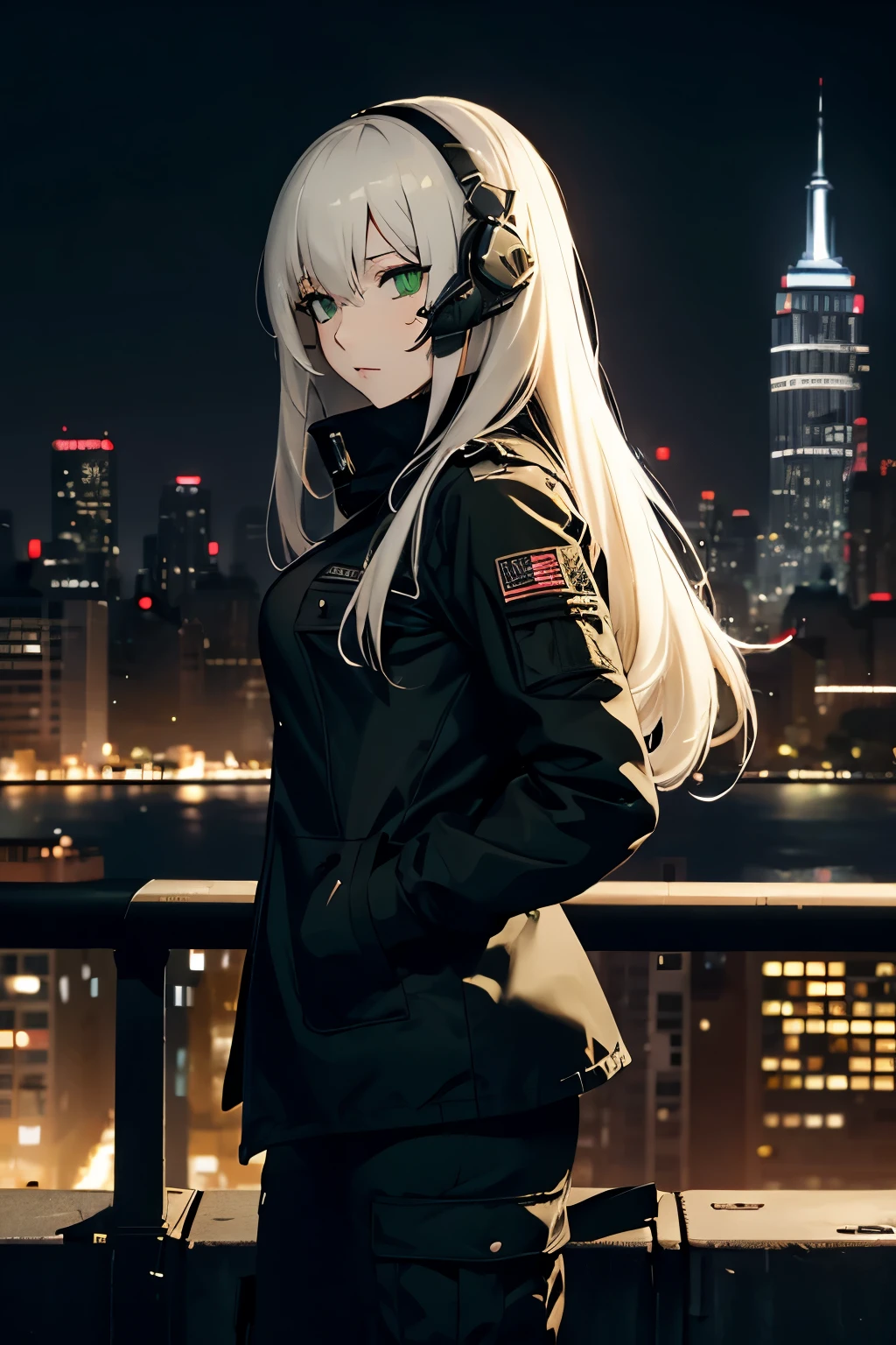 woman(solo)、tall、green eyes、White semi-long hair、black tactical long coat、cargo pants、Barcode tattoo on cheek、New York Cityscape at night、high resolution、high quality、girl frontline、GAGER